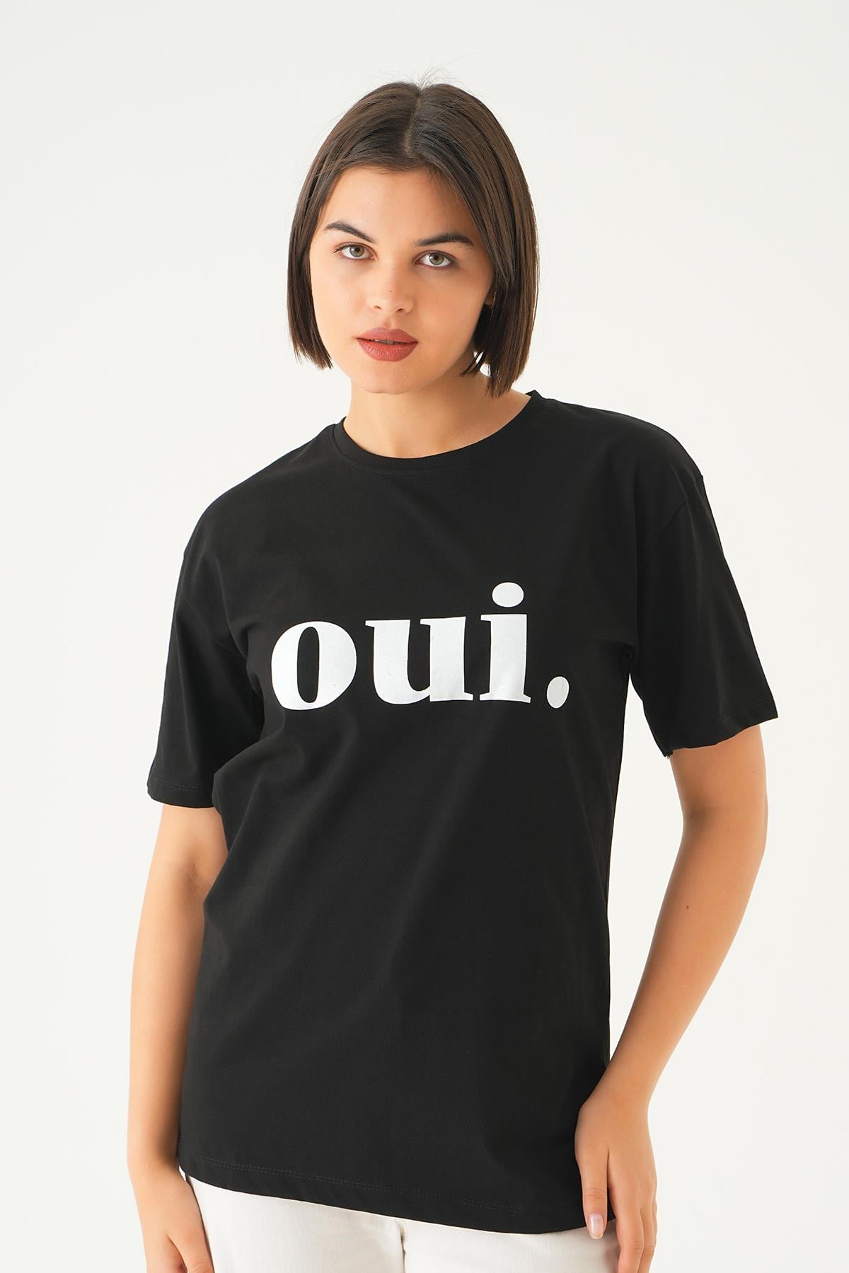 Siyah Oui Baskı Oversize Tişört 1714