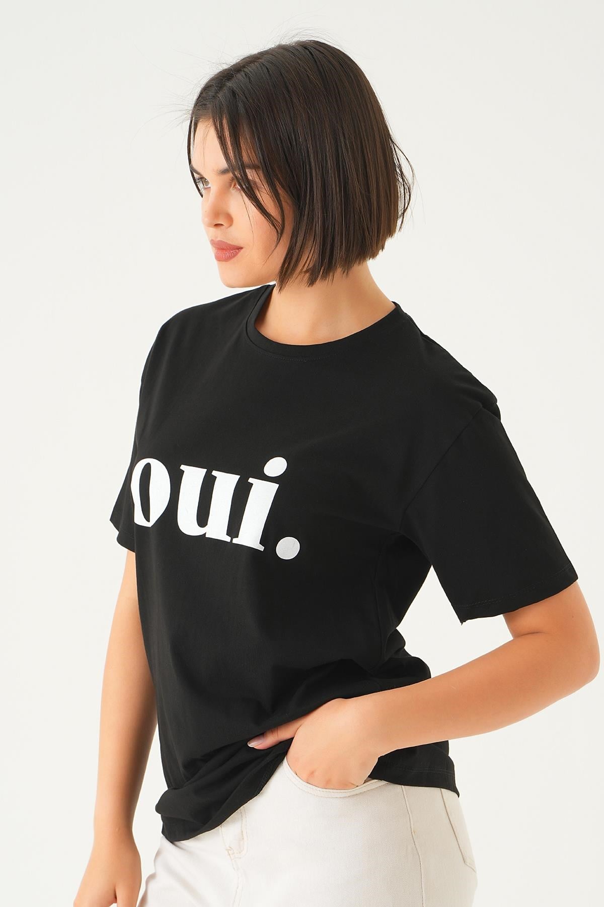 Siyah Oui Baskı Oversize Tişört 1714