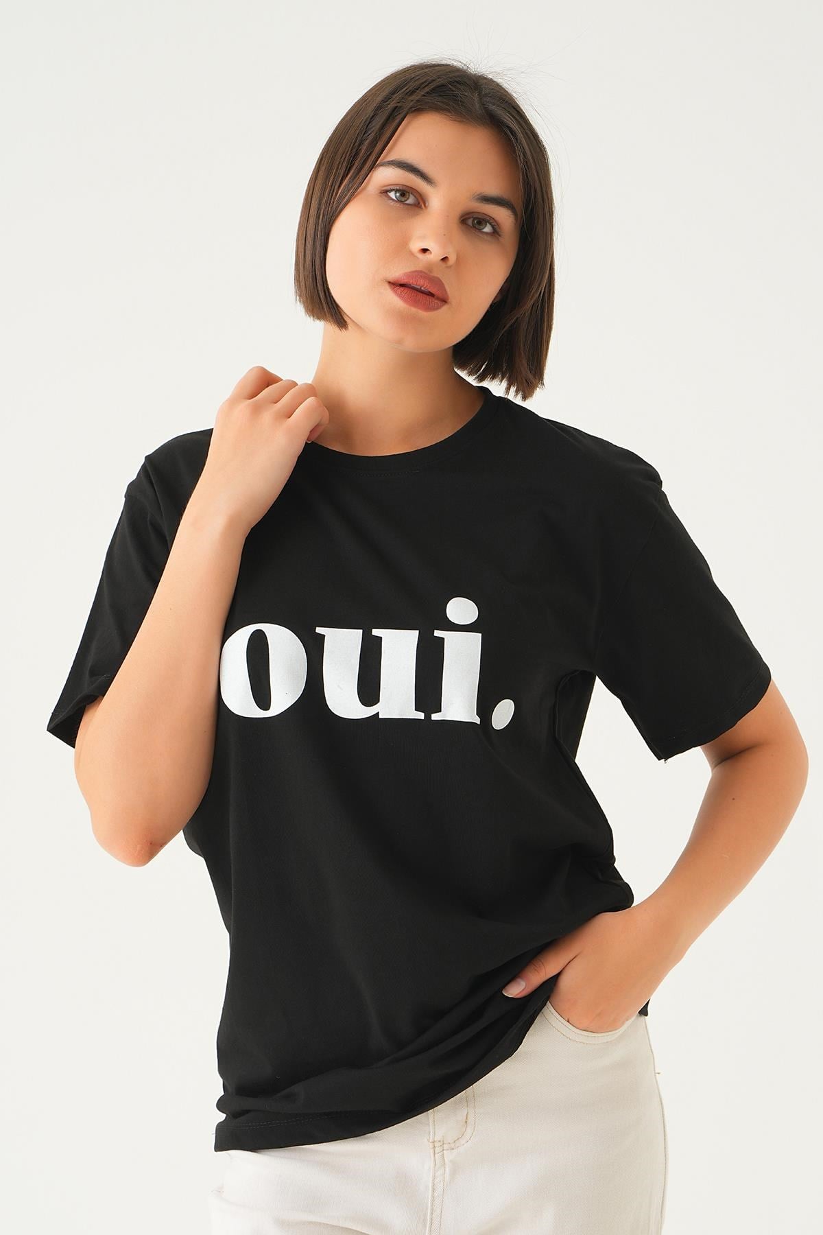 Siyah Oui Baskı Oversize Tişört 1714