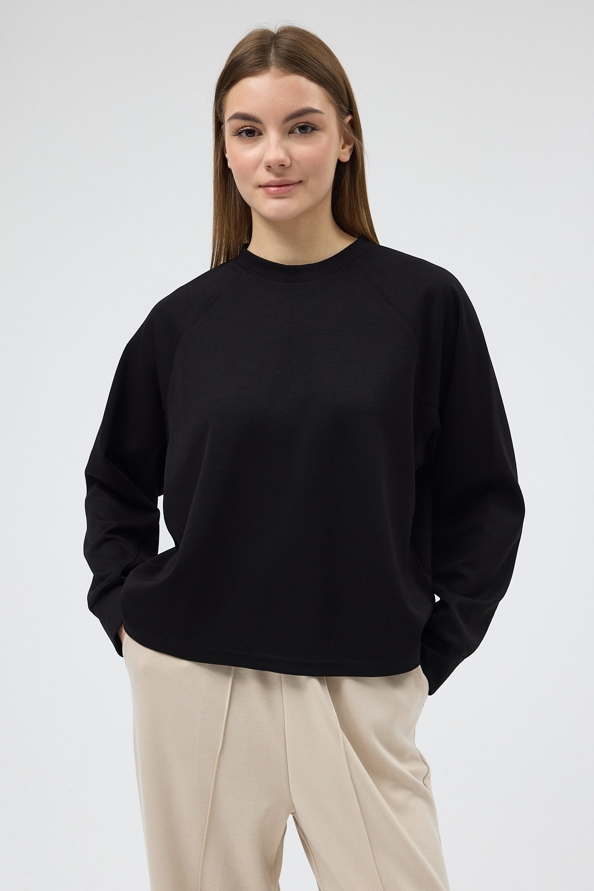 Siyah Oversize Bisiklet Yaka Kadın Sweat 8251A