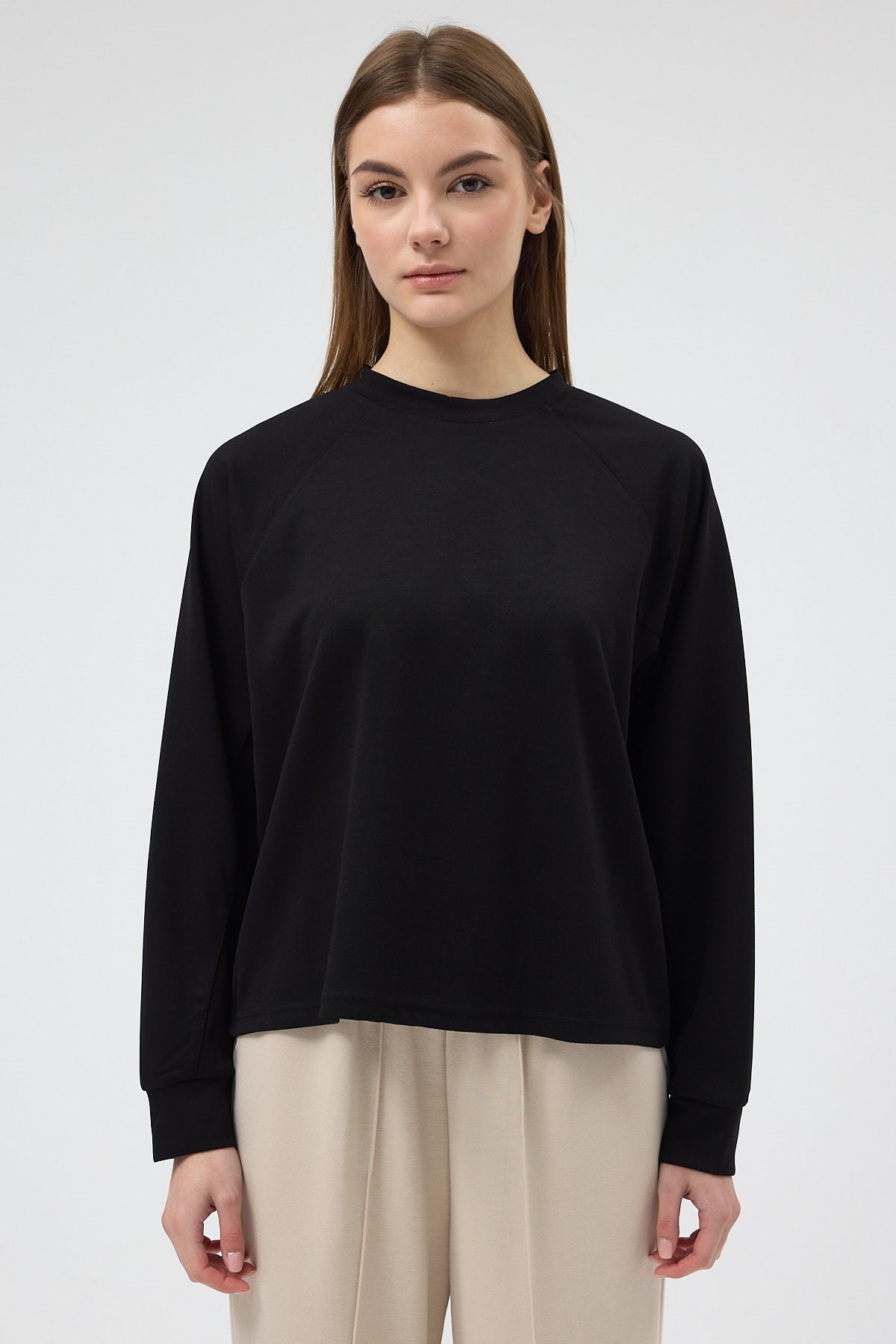 Siyah Oversize Bisiklet Yaka Kadın Sweat 8251A