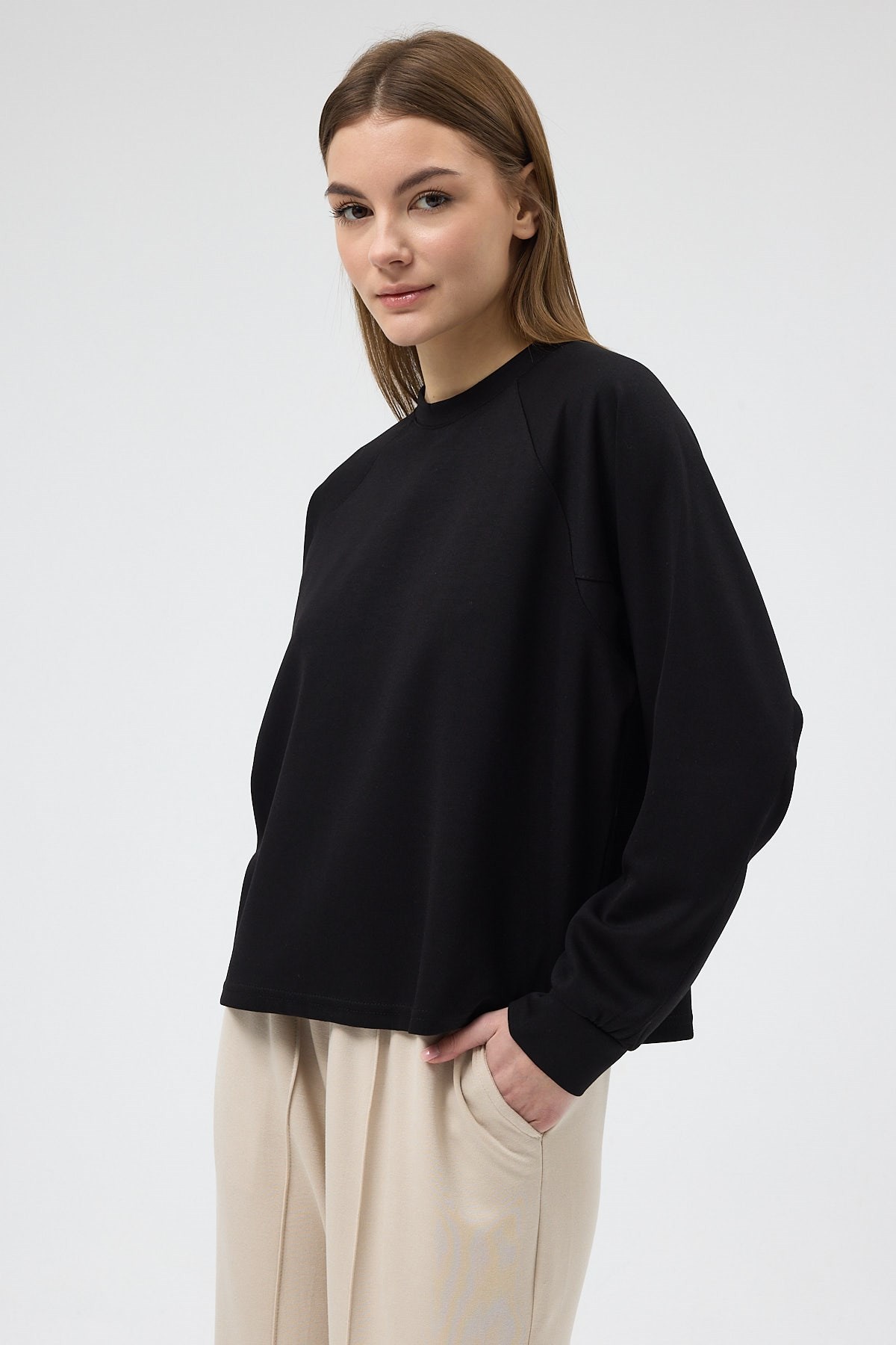 Siyah Oversize Bisiklet Yaka Kadın Sweat 8251A