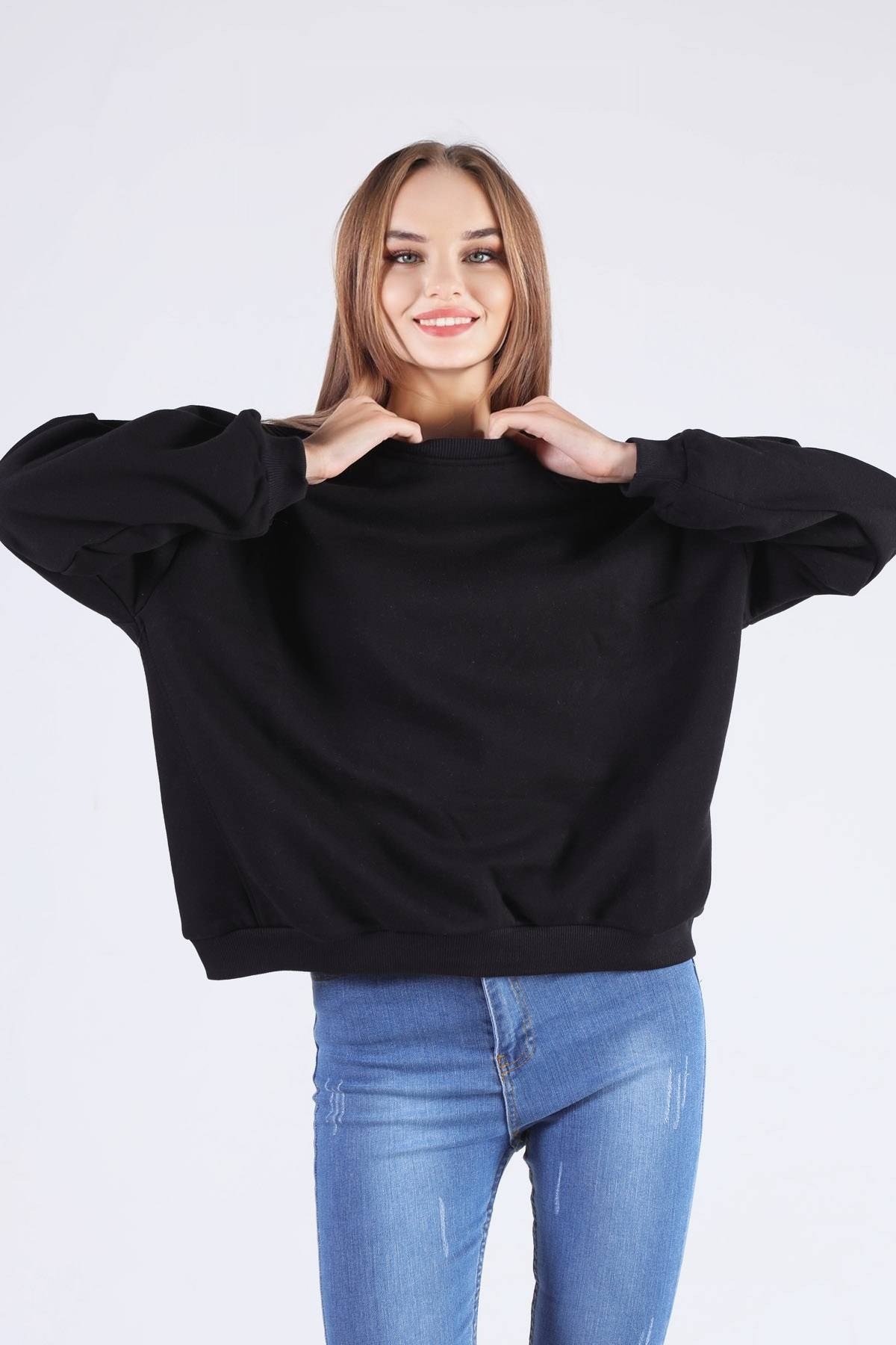 Siyah Oversize Bisiklet Yaka Sweat 8138M