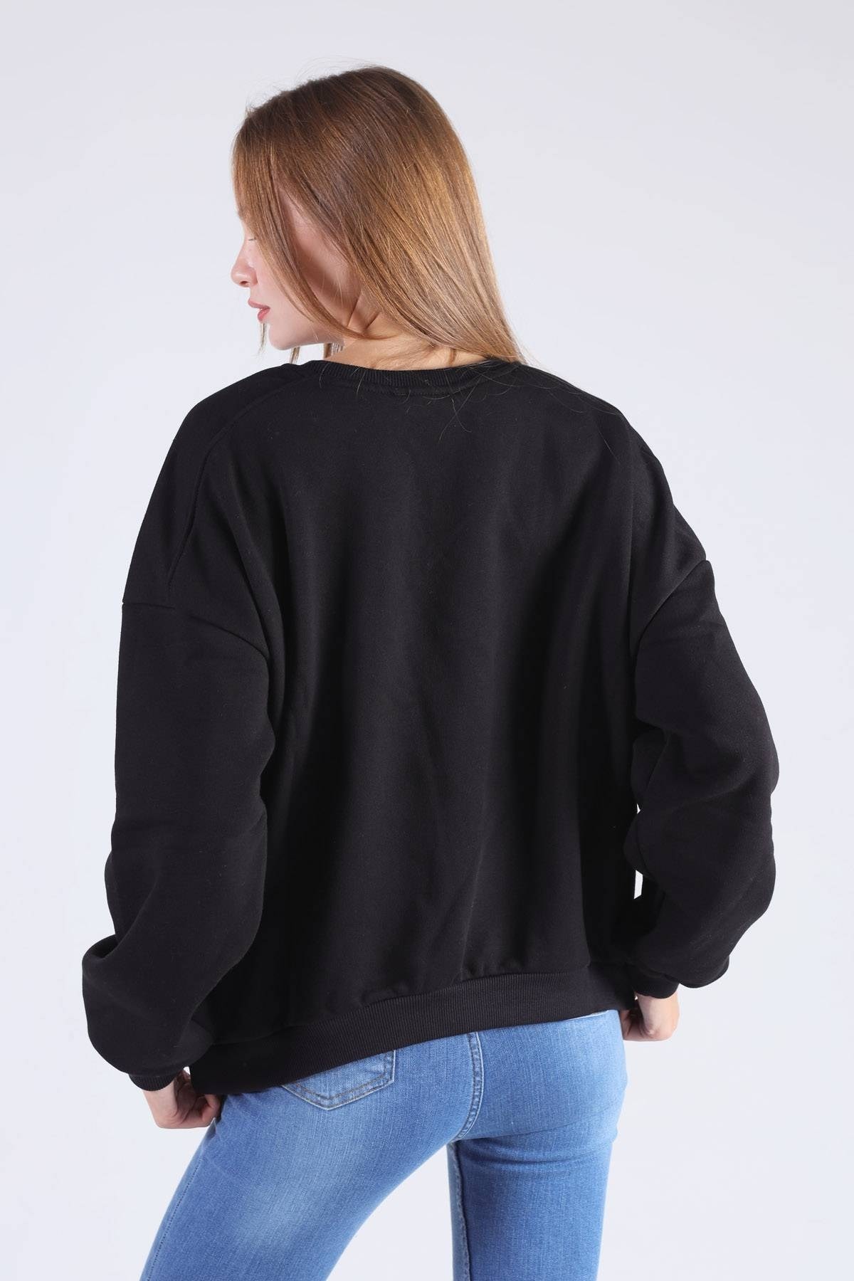 Siyah Oversize Bisiklet Yaka Sweat 8138M