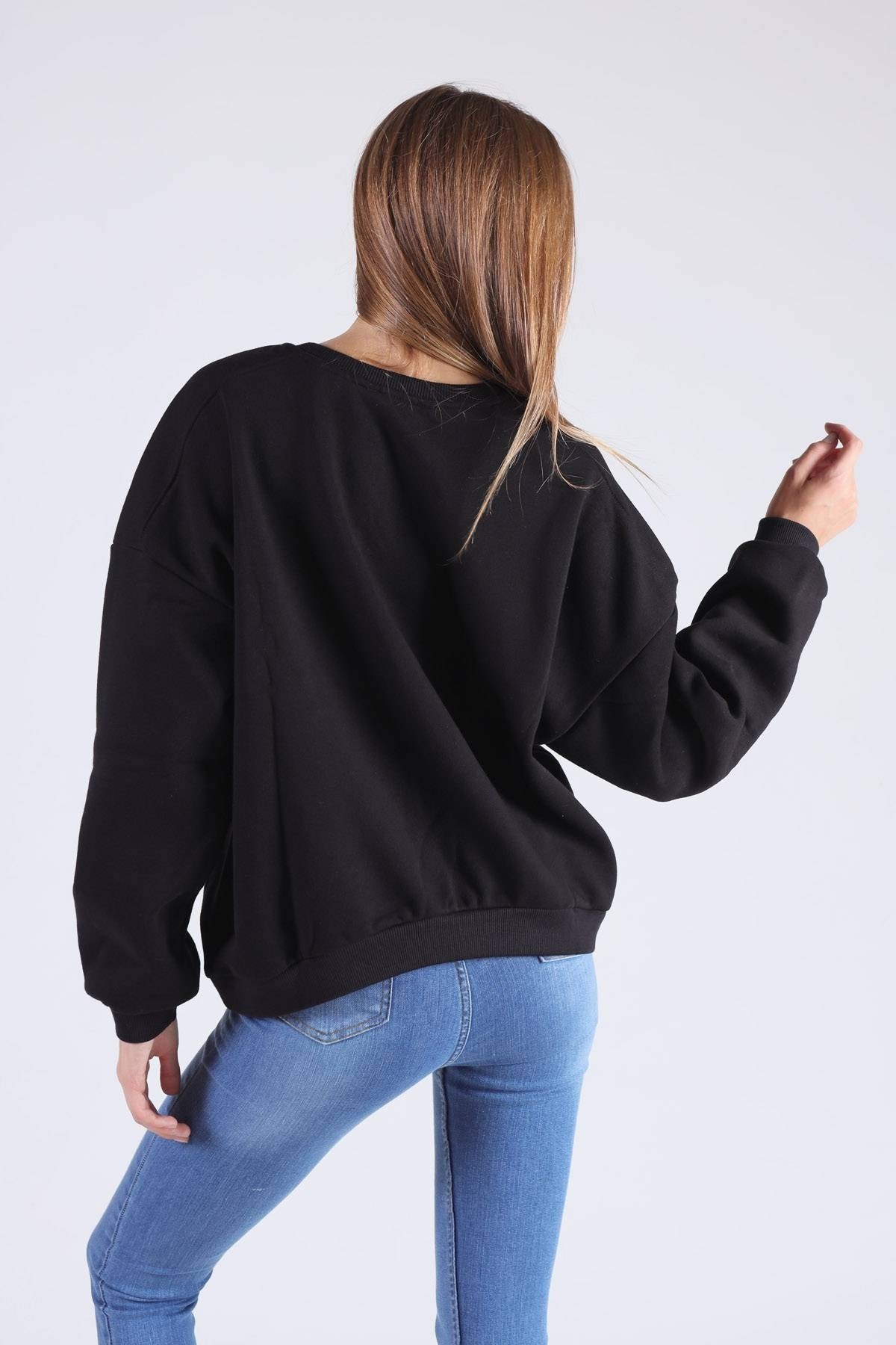 Siyah Oversize Bisiklet Yaka Sweat 8138M