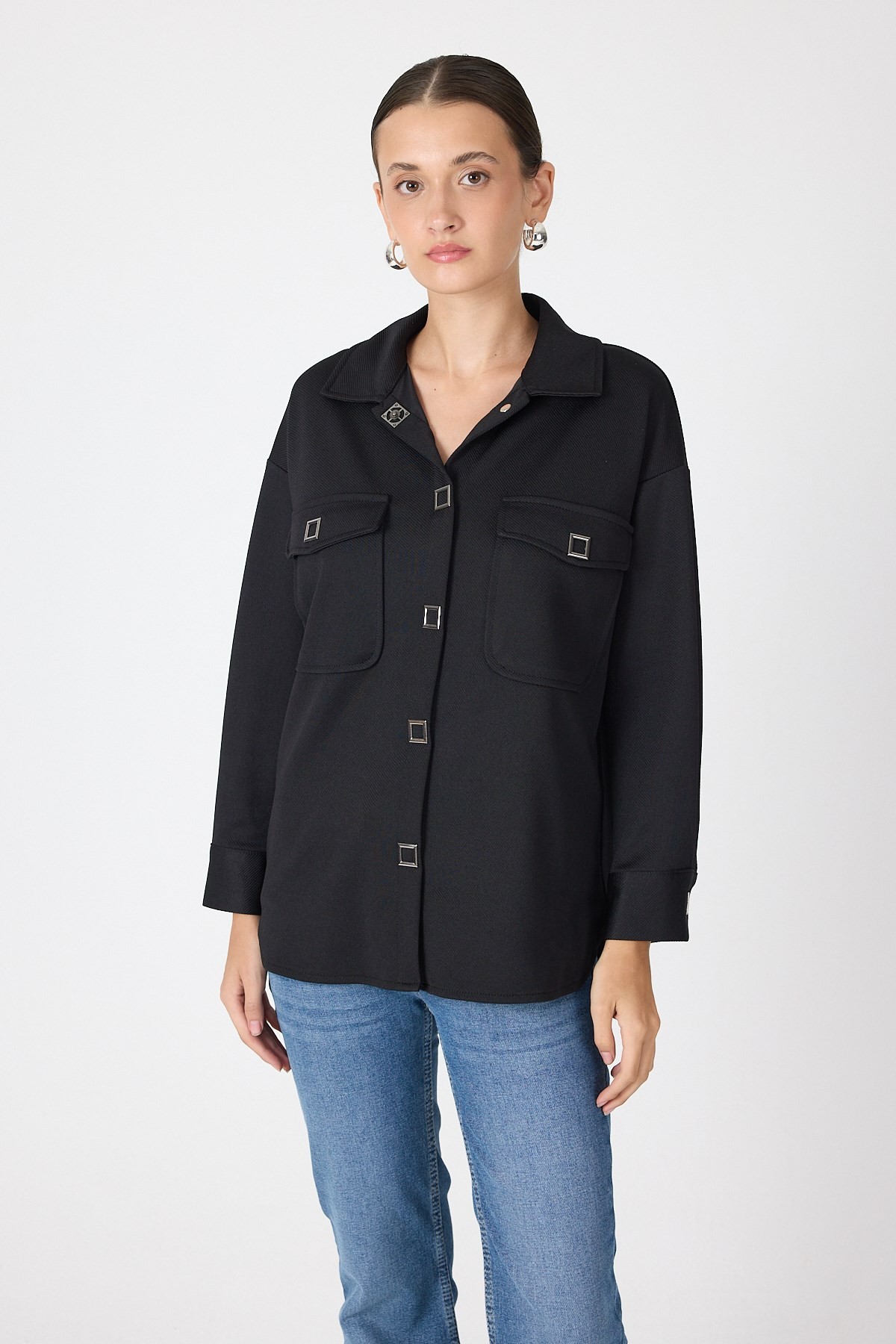 Siyah Oversize Cepli Kadın Gömlek Ceket 8130A