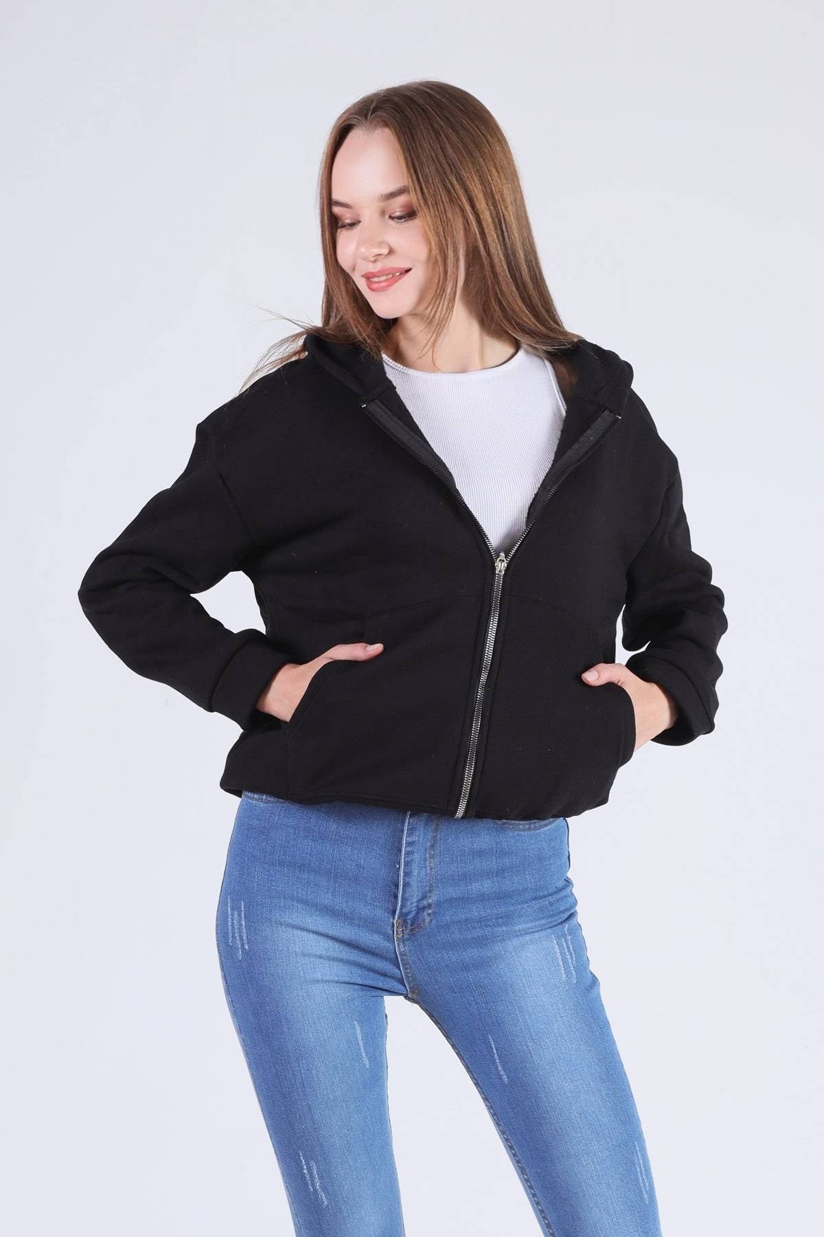 Siyah Oversize Fermuarlı Sweat 8125M