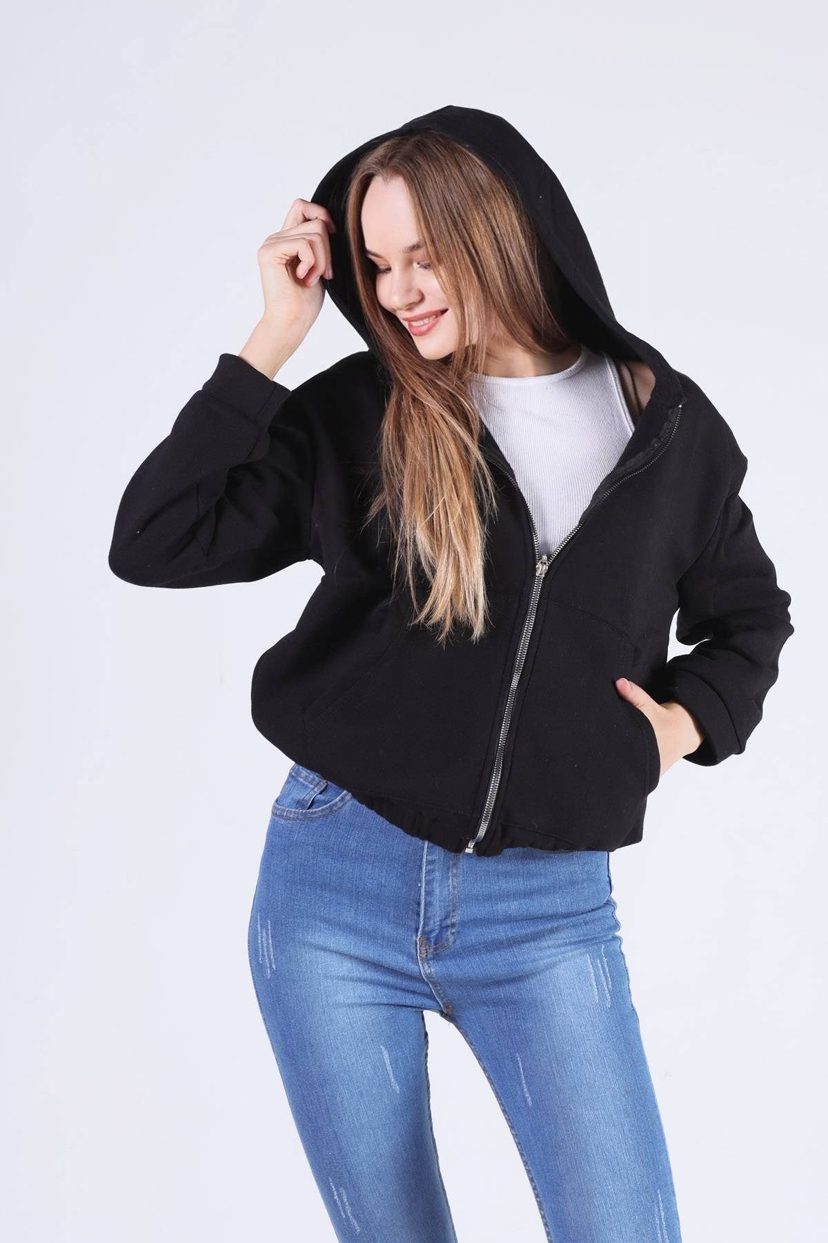 Siyah Oversize Fermuarlı Sweat 8125M