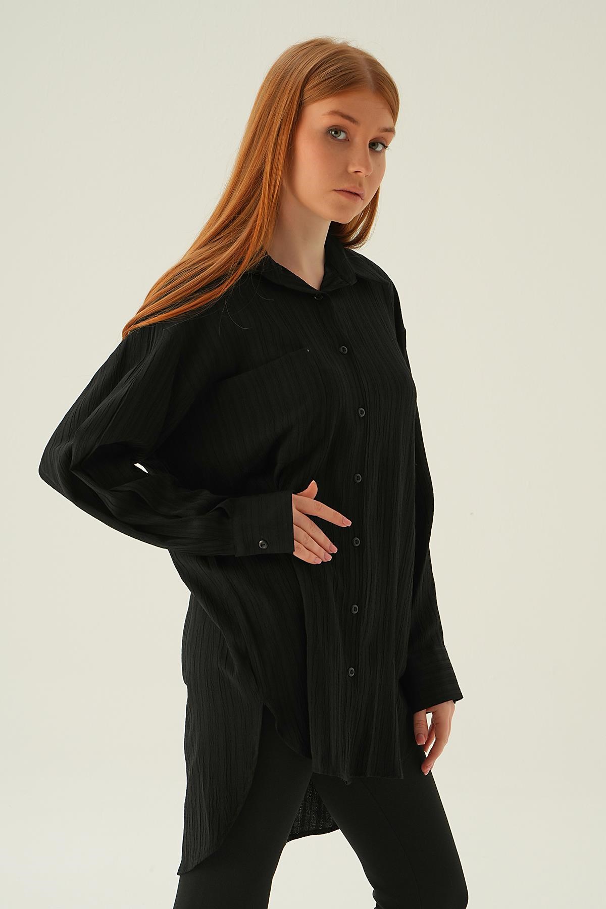 Siyah Oversize Gömlek 6644-1