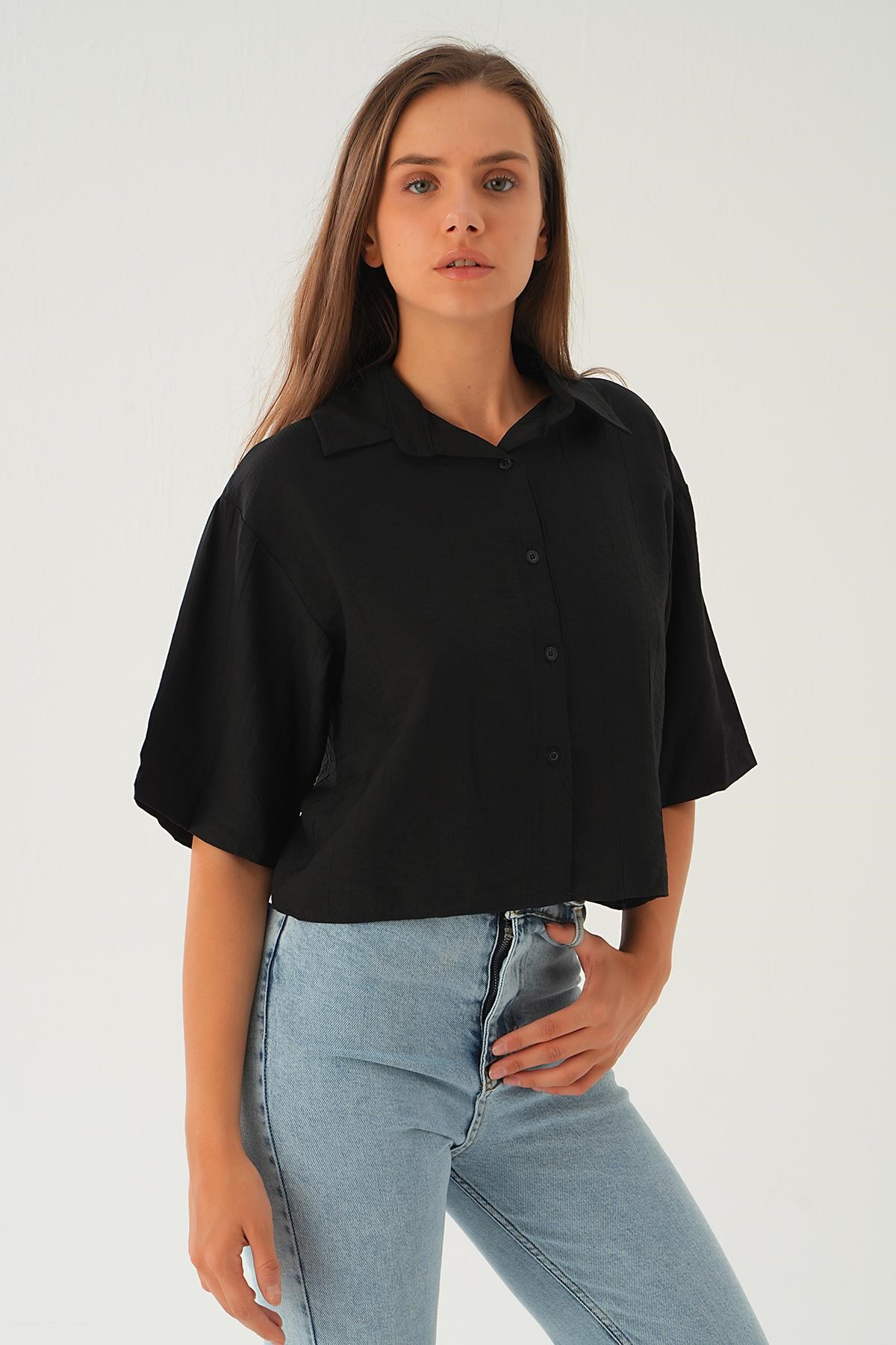 Siyah Oversize Kısa Gömlek 4159A