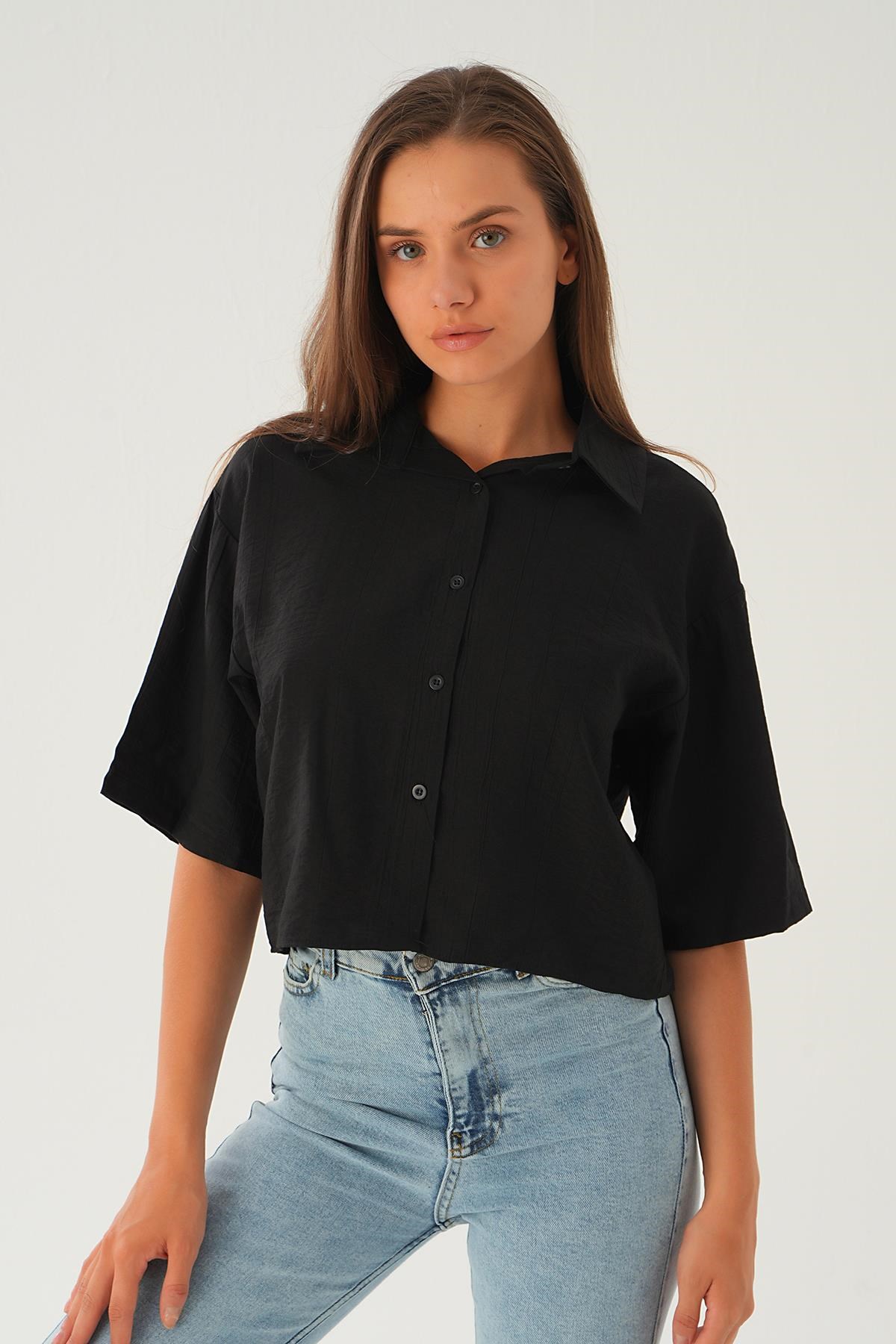 Siyah Oversize Kısa Gömlek 4159A