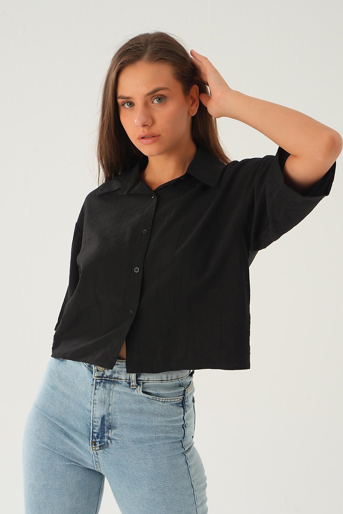 Siyah Oversize Kısa Gömlek 4159A