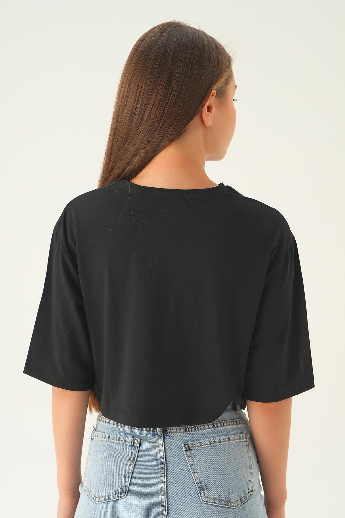 Siyah Oversize Taşlı Tişört 21569