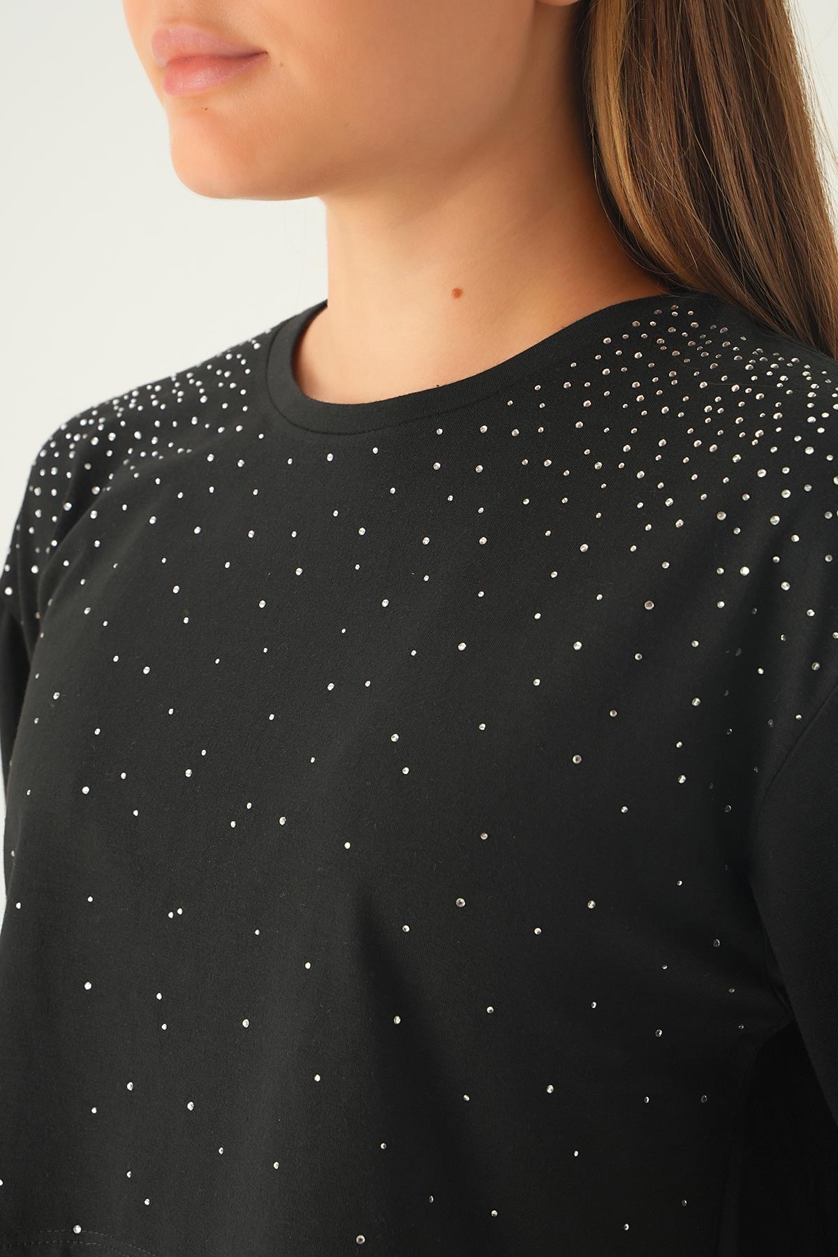 Siyah Oversize Taşlı Tişört 21569