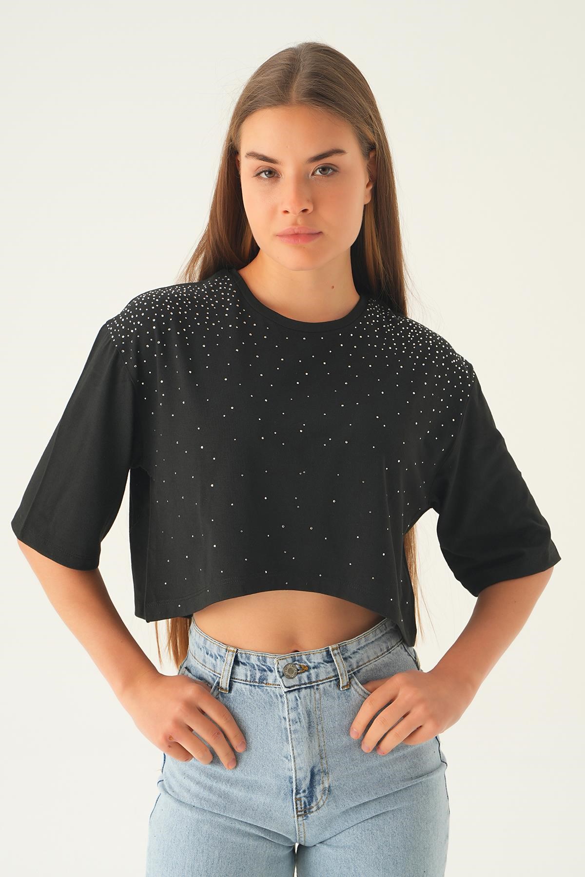 Siyah Oversize Taşlı Tişört 21569