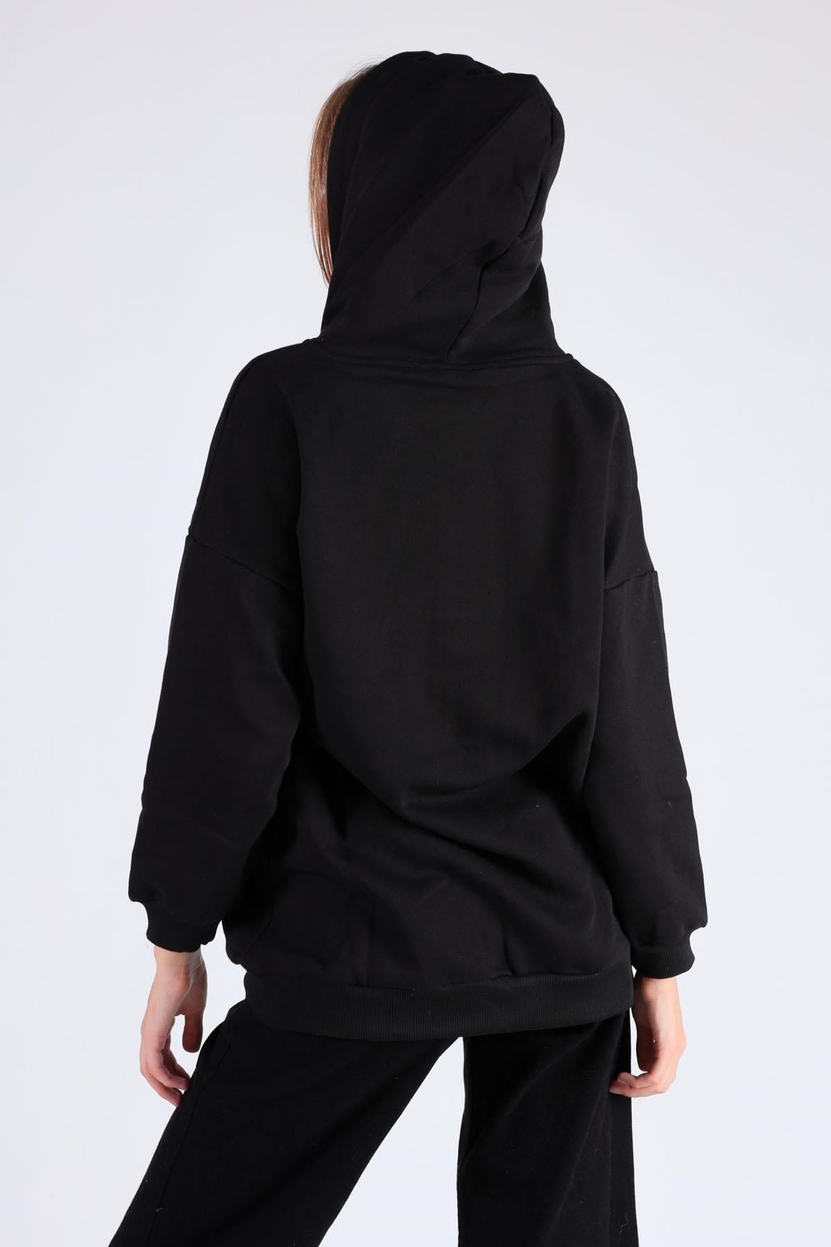 Siyah Oversize Uzun Fermuarlı Sweat 8124M
