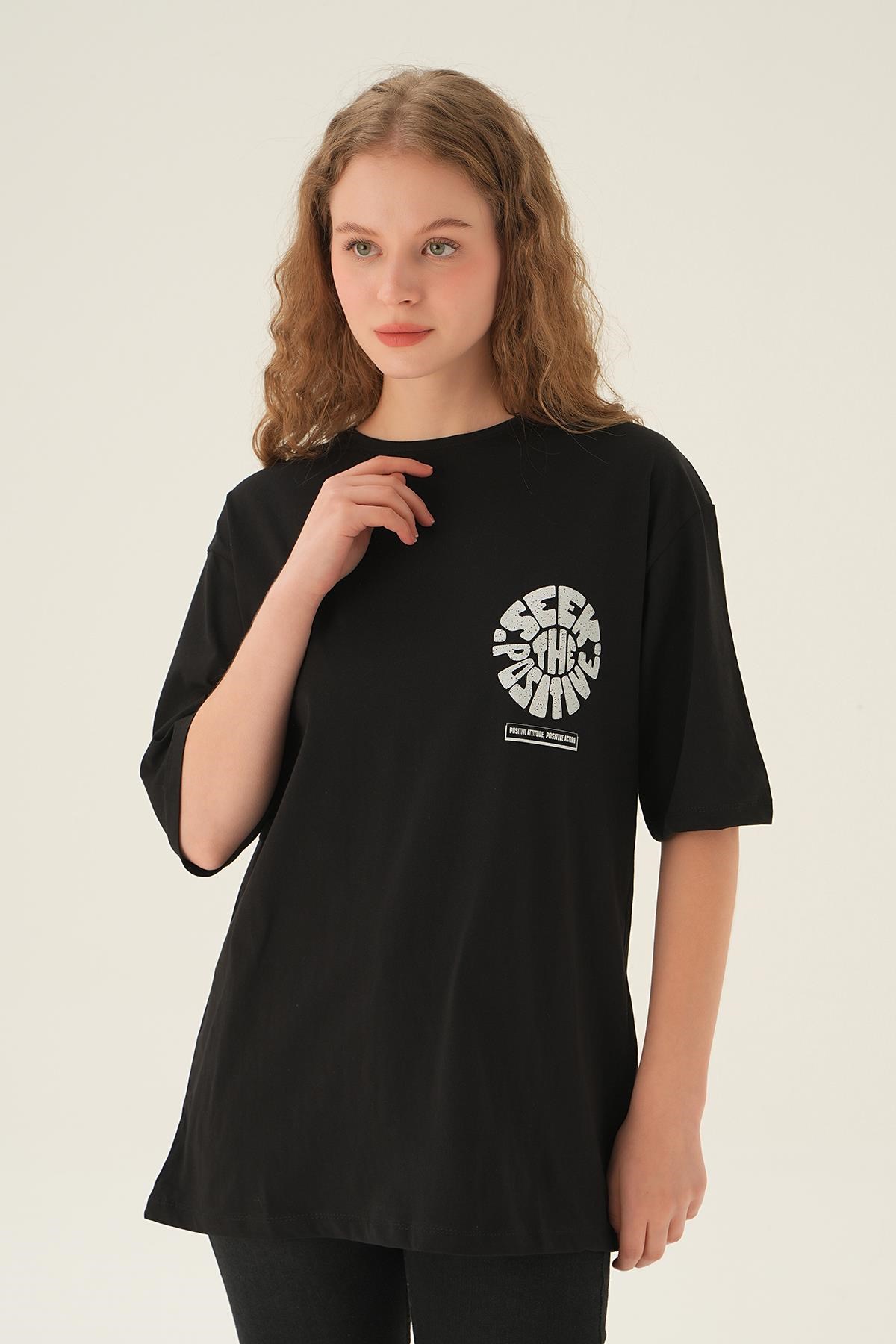 Siyah Posıtıve Baskı Oversize Tişört 1698