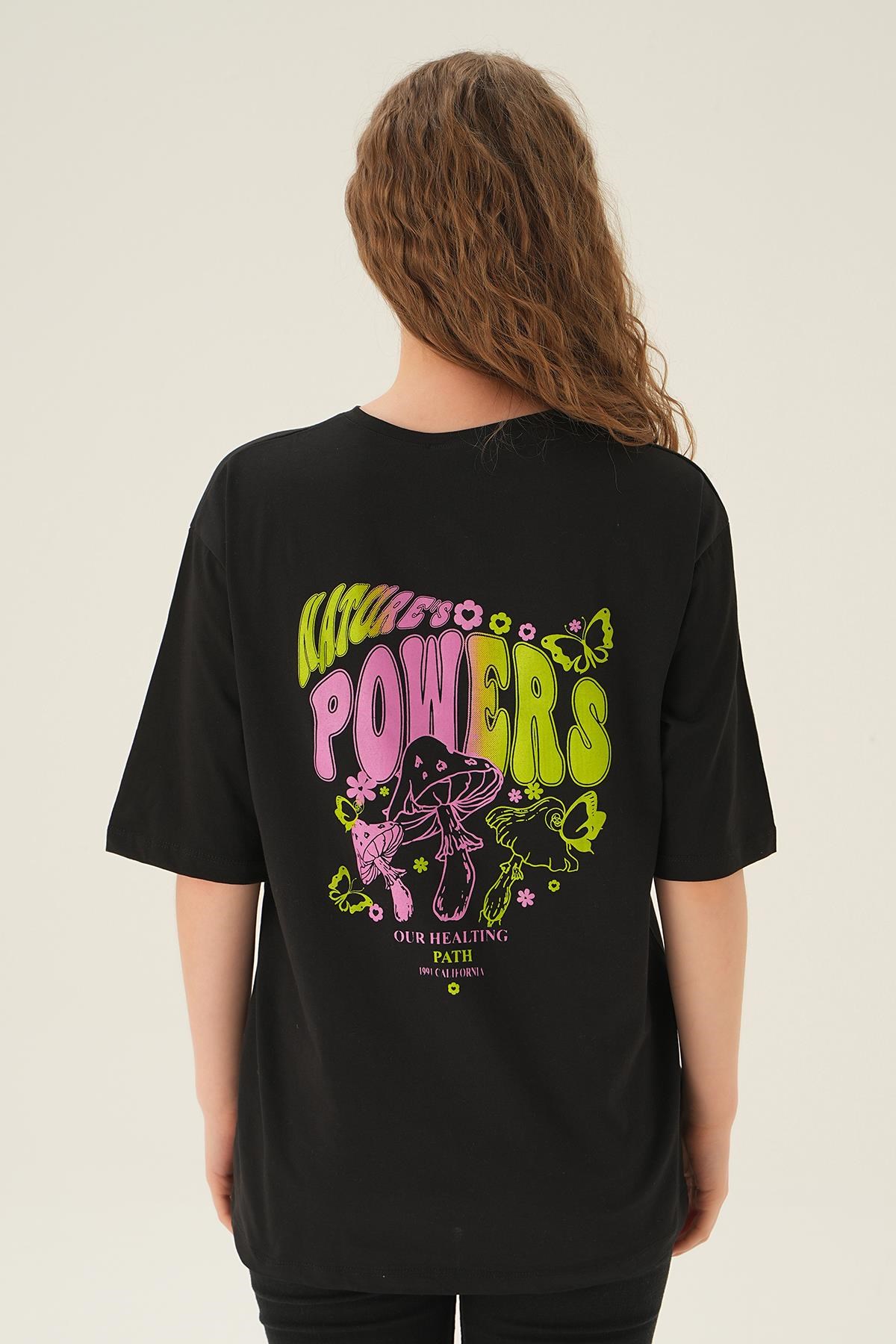 Siyah Powers Kelebek Baskı Oversize Tişört 1700