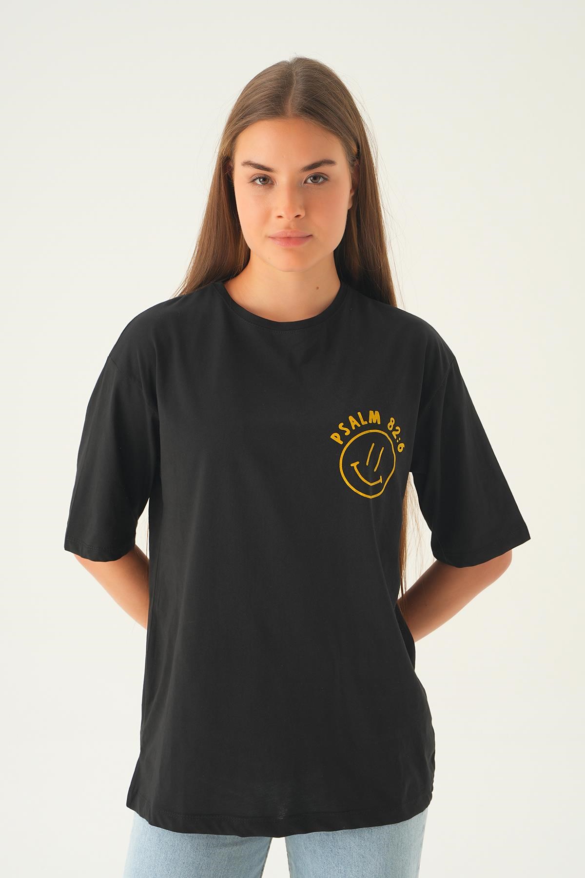 Siyah Psalm Baskı Oversize Tişört 1702
