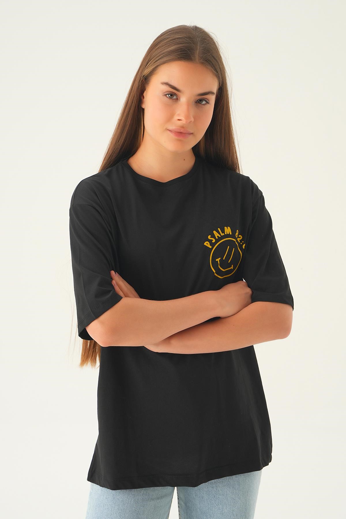 Siyah Psalm Baskı Oversize Tişört 1702
