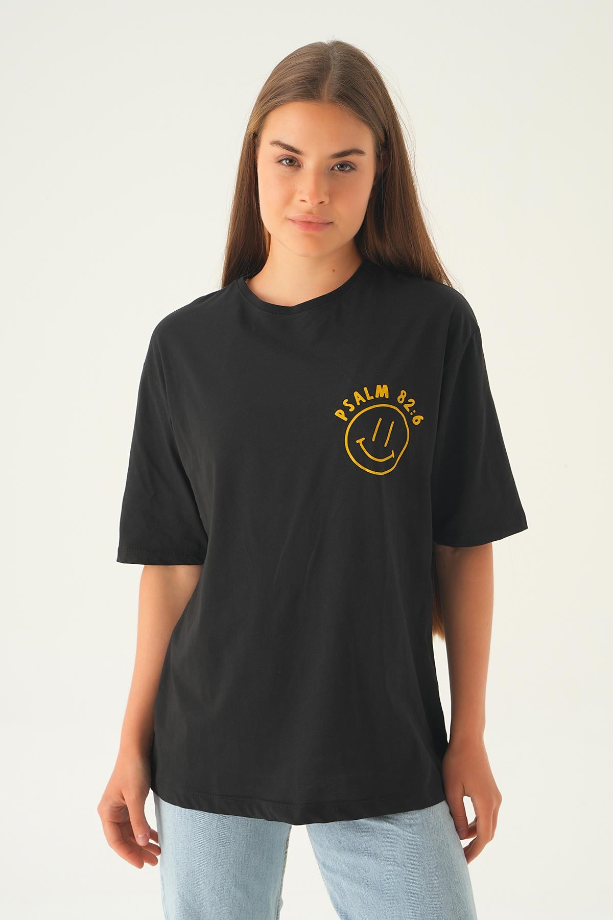 Siyah Psalm Baskı Oversize Tişört 1702