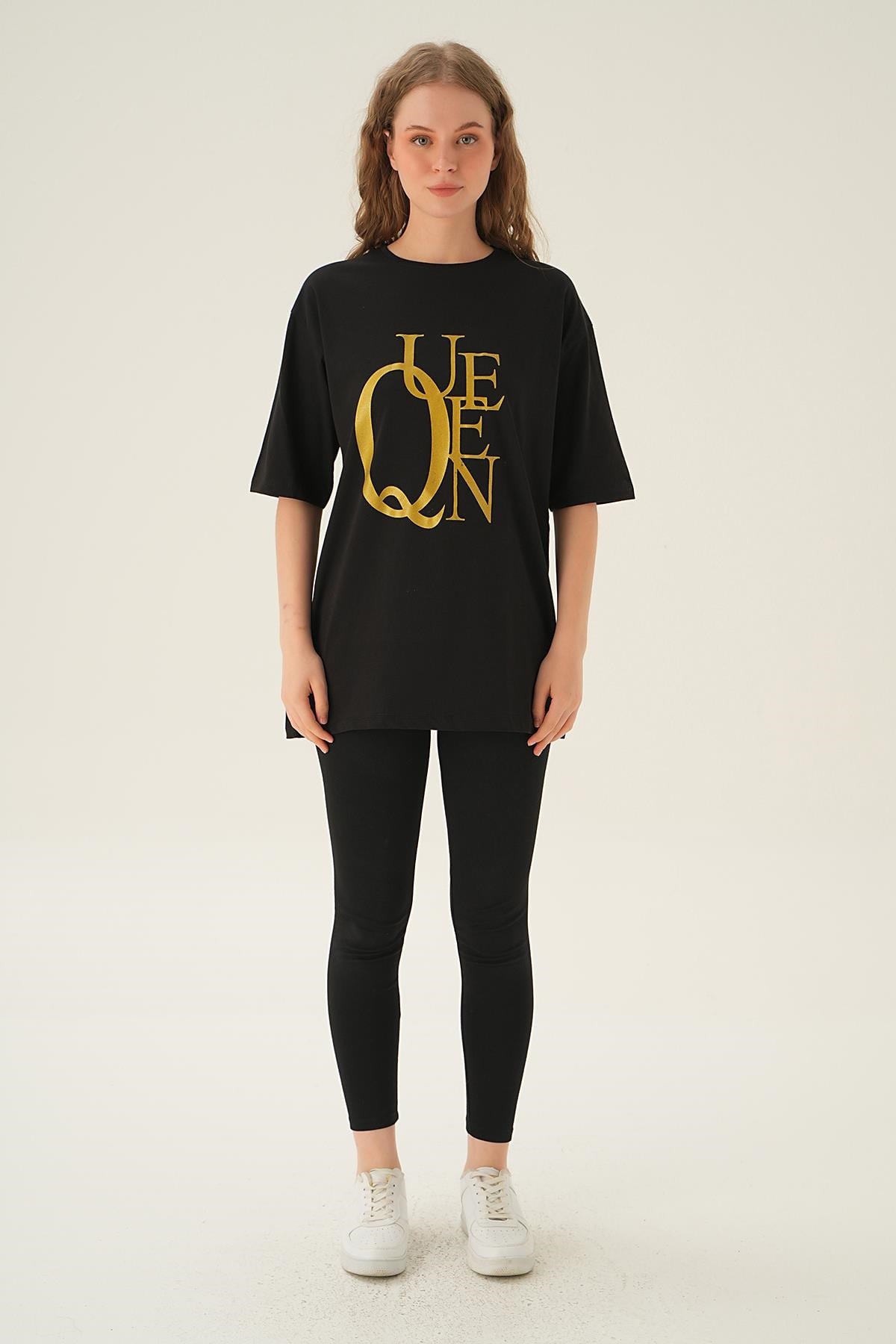 Siyah Queen Baskı Oversize Tişört 1703