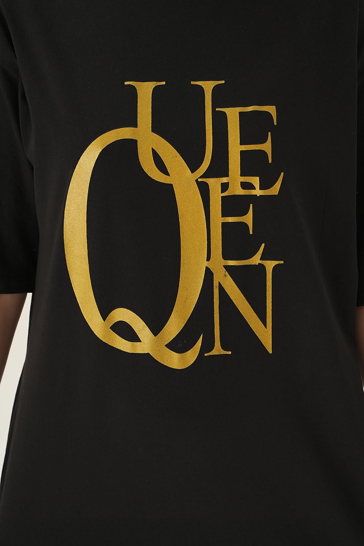 Siyah Queen Baskı Oversize Tişört 1703