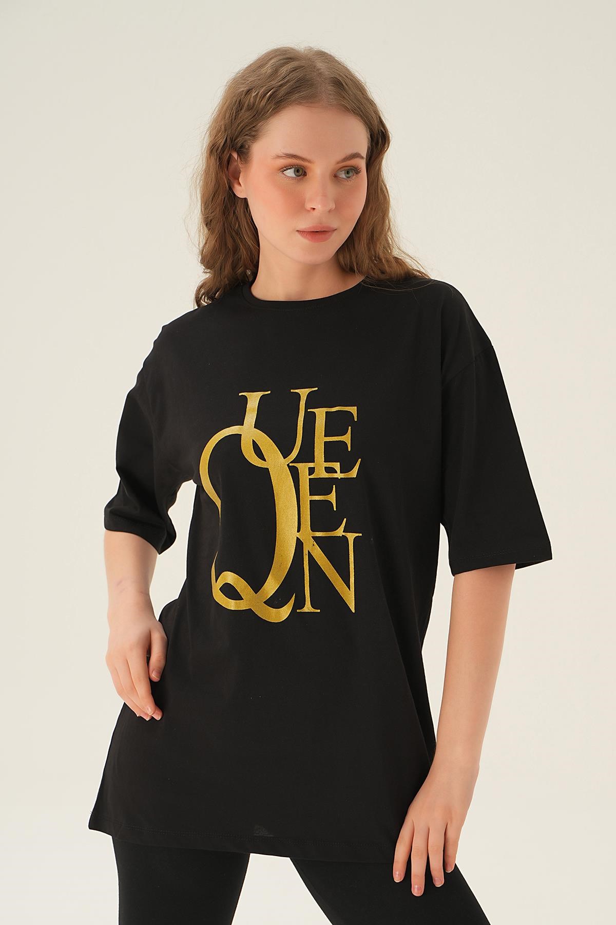 Siyah Queen Baskı Oversize Tişört 1703