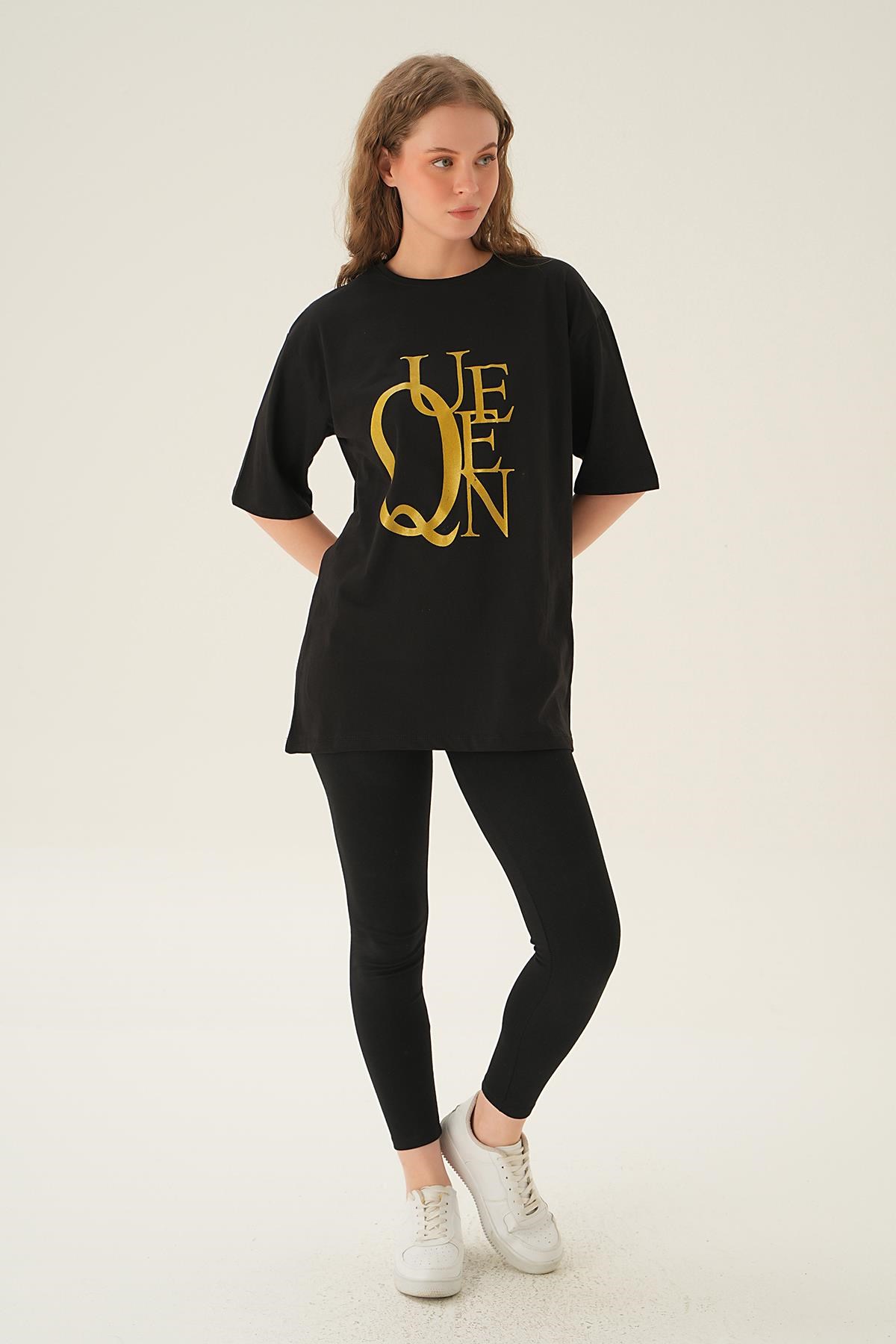 Siyah Queen Baskı Oversize Tişört 1703