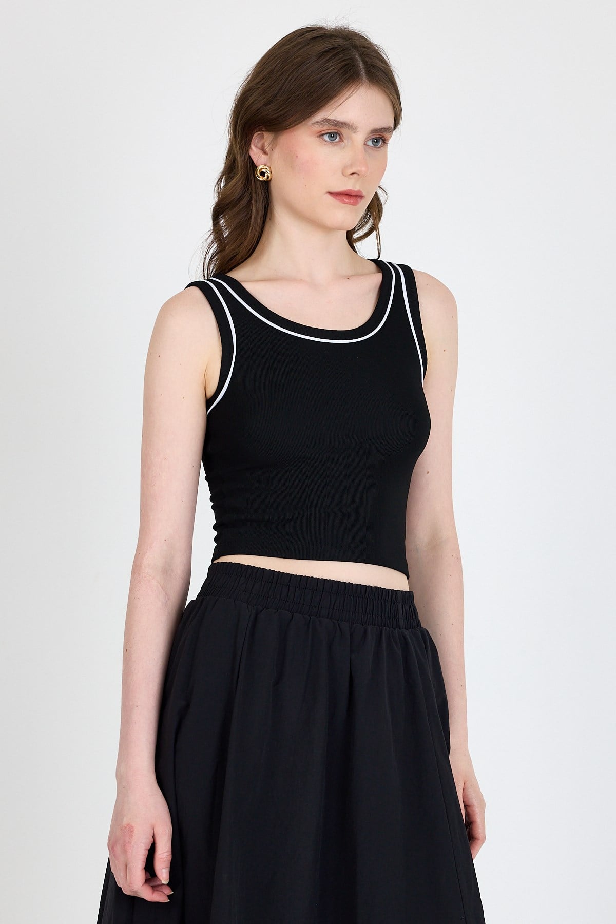 Siyah Şerit Detaylı Örme Crop Atlet 1049