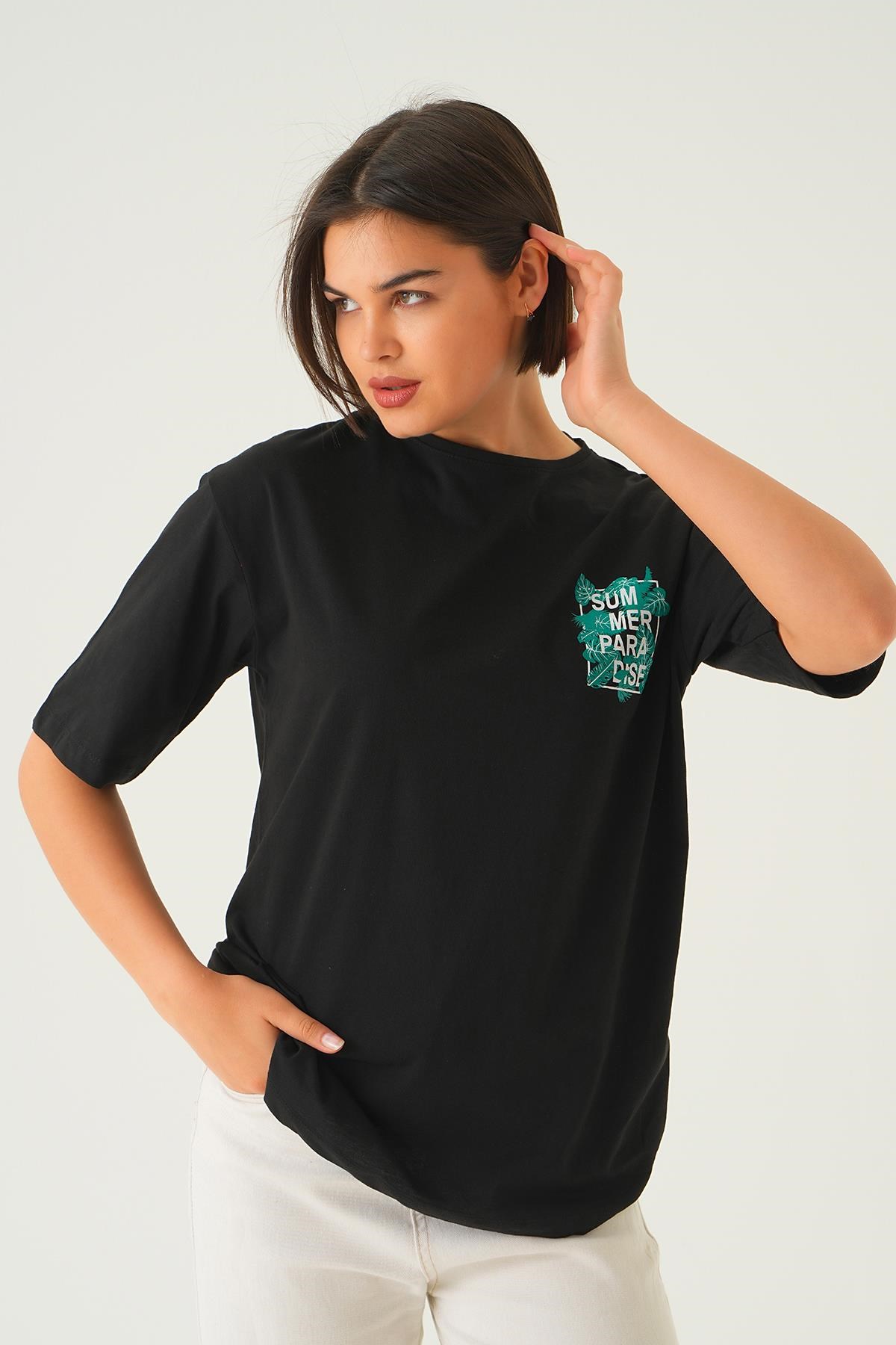 Siyah Summer Baskı Oversize Tişört 1710