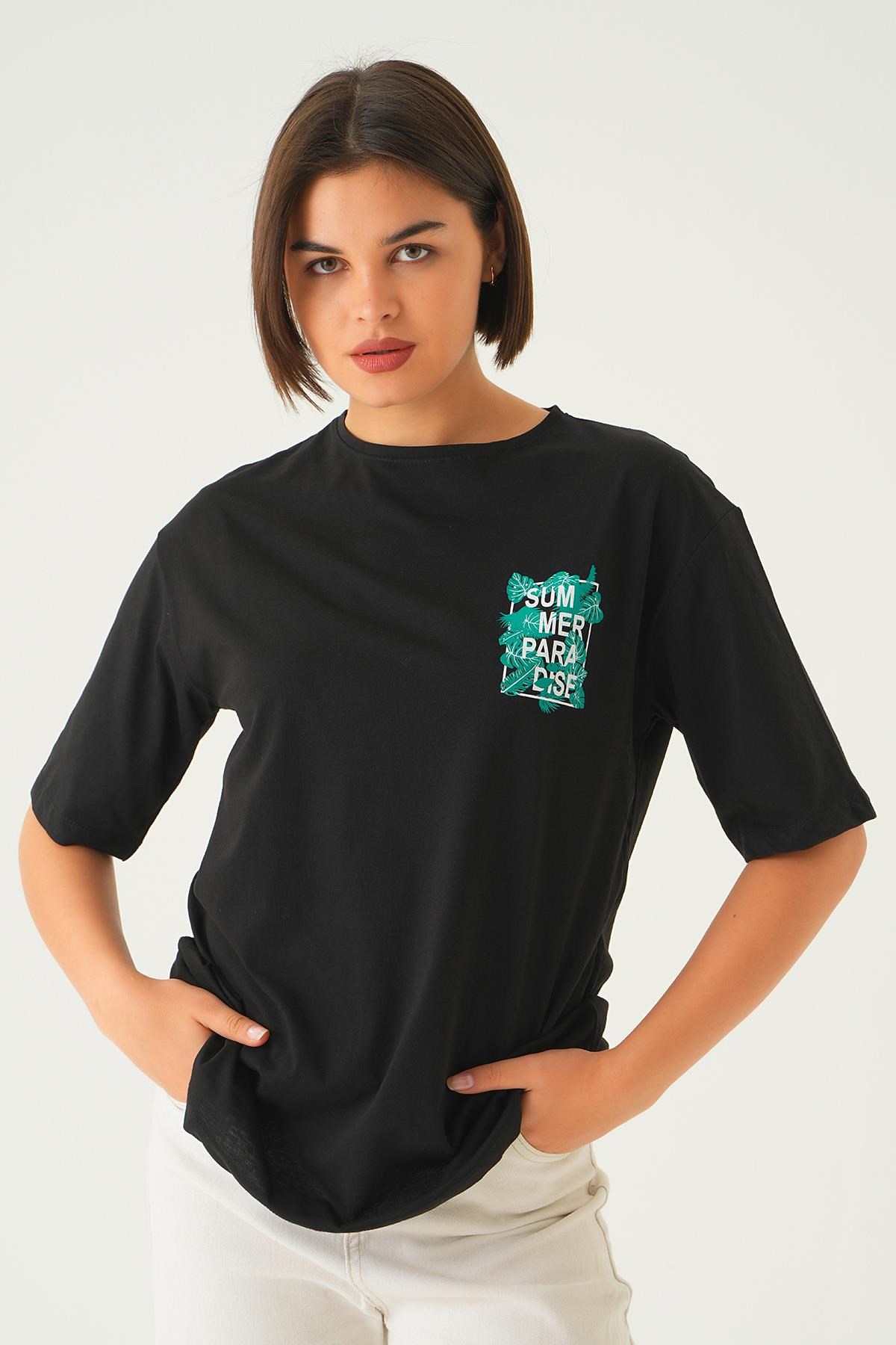 Siyah Summer Baskı Oversize Tişört 1710