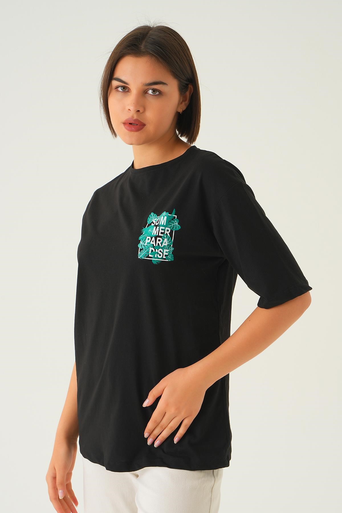 Siyah Summer Baskı Oversize Tişört 1710