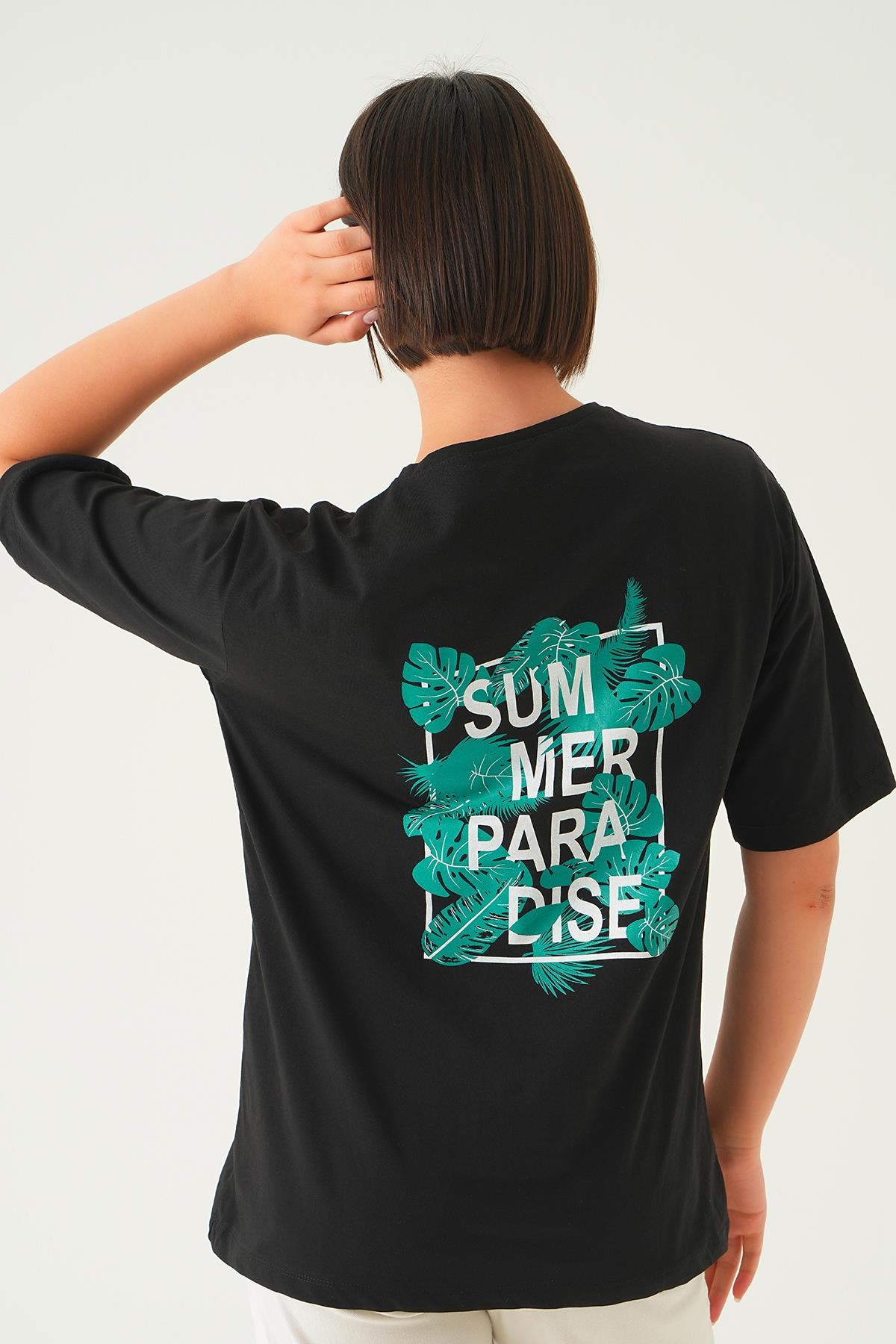 Siyah Summer Baskı Oversize Tişört 1710