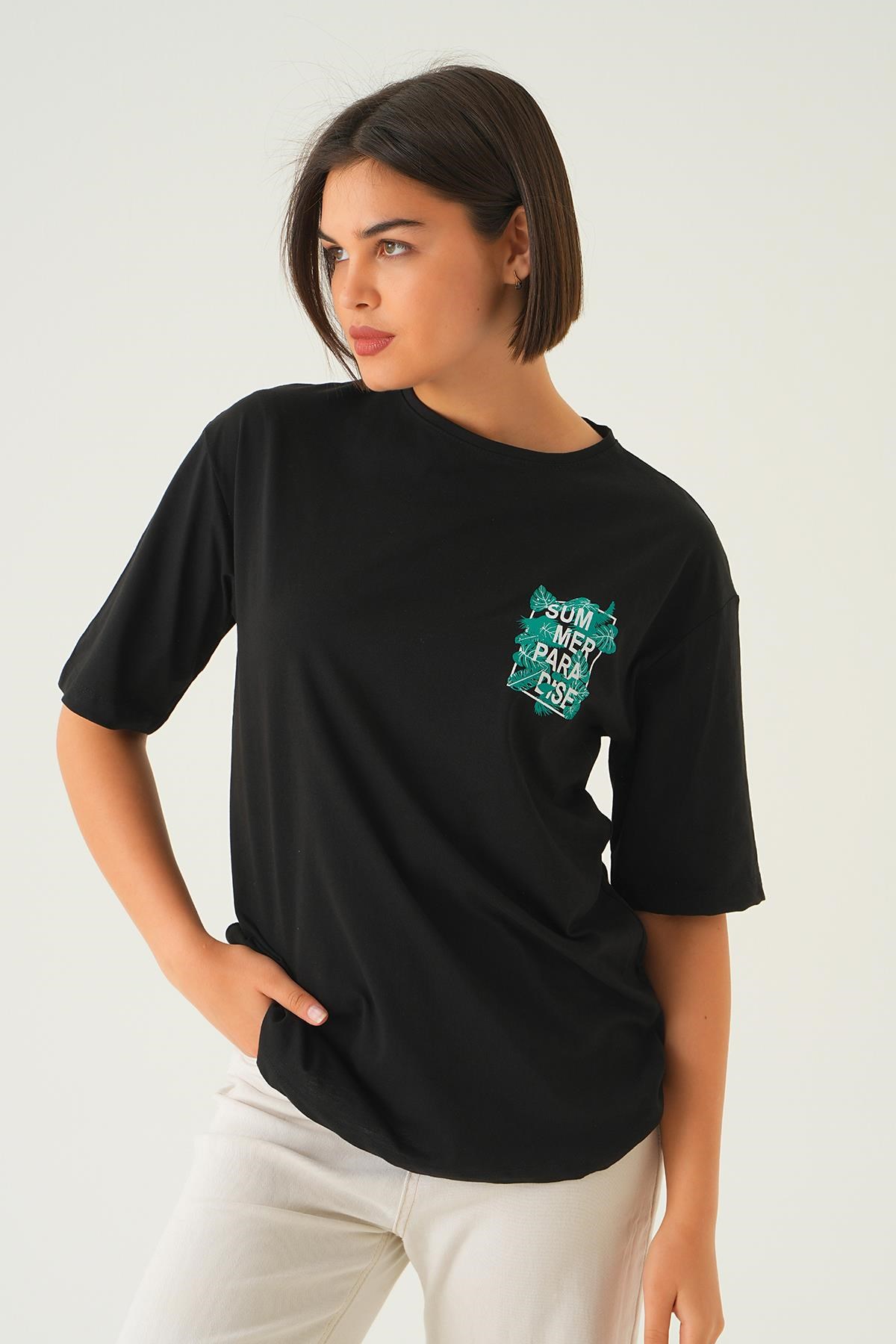 Siyah Summer Baskı Oversize Tişört 1710