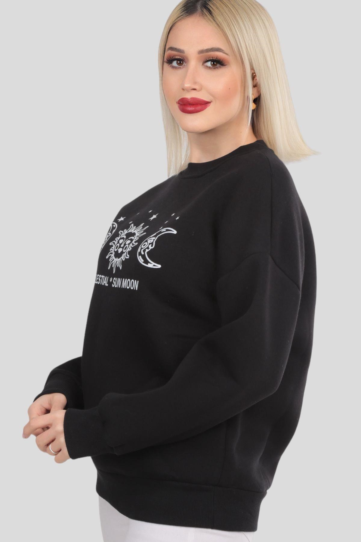 Siyah Sun Moon Baskı Sweat 9016M