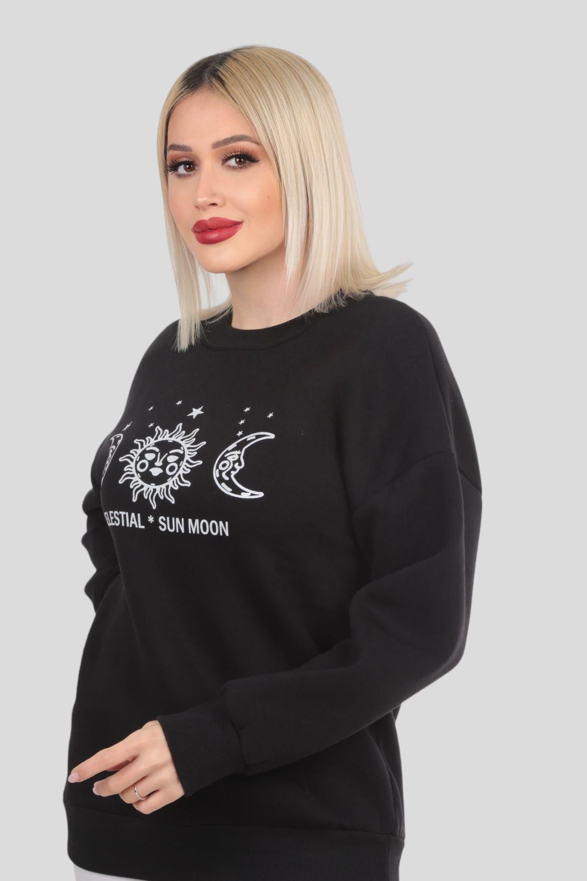 Siyah Sun Moon Baskı Sweat 9016M