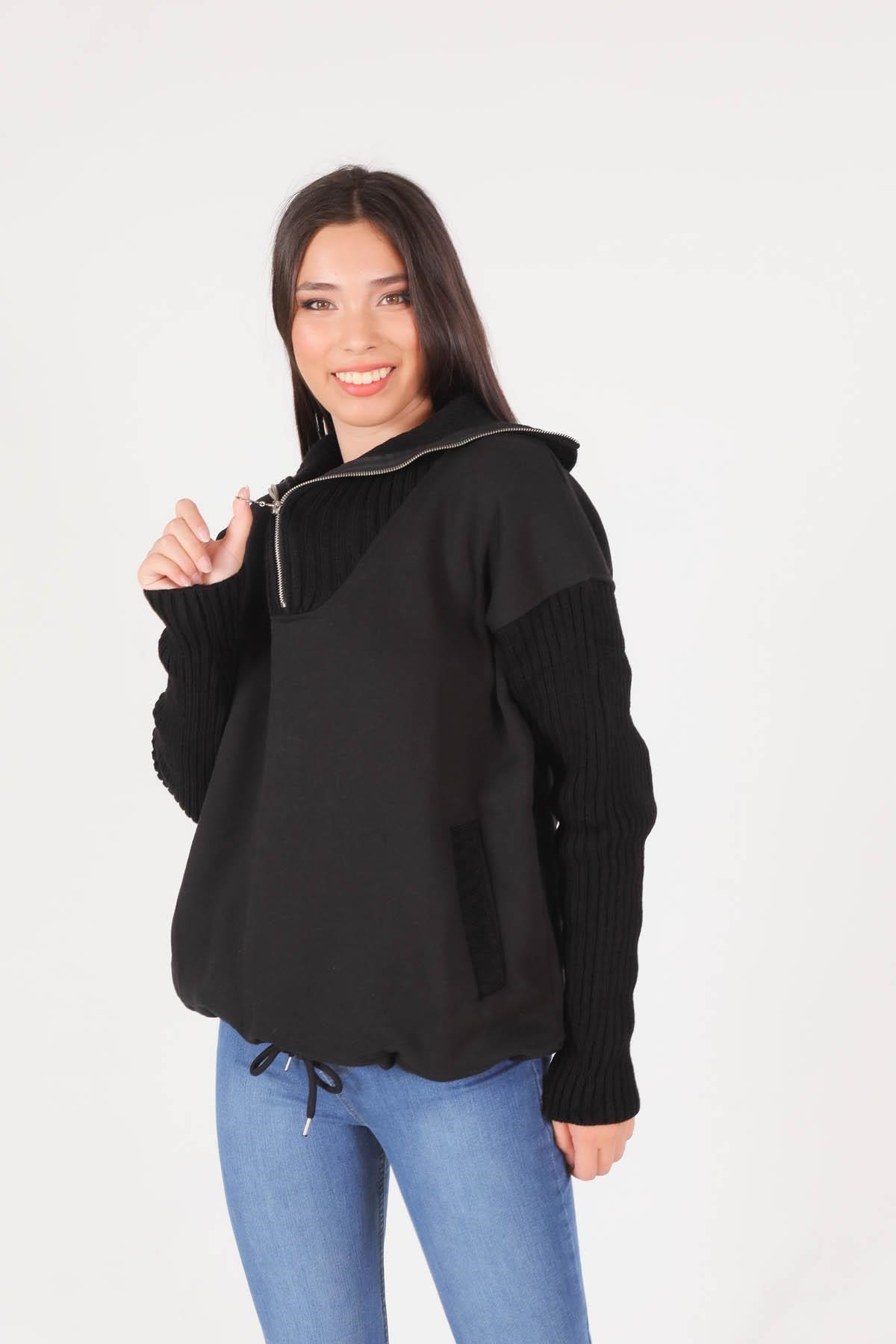 Siyah Triko Detay Sweat 1089