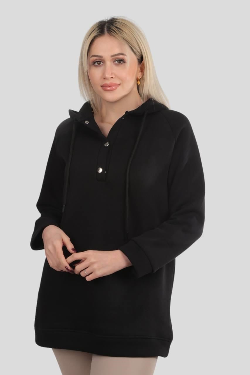 Siyah Yaka Çıtçıtlı Kapüşonlu Sweat 9020M