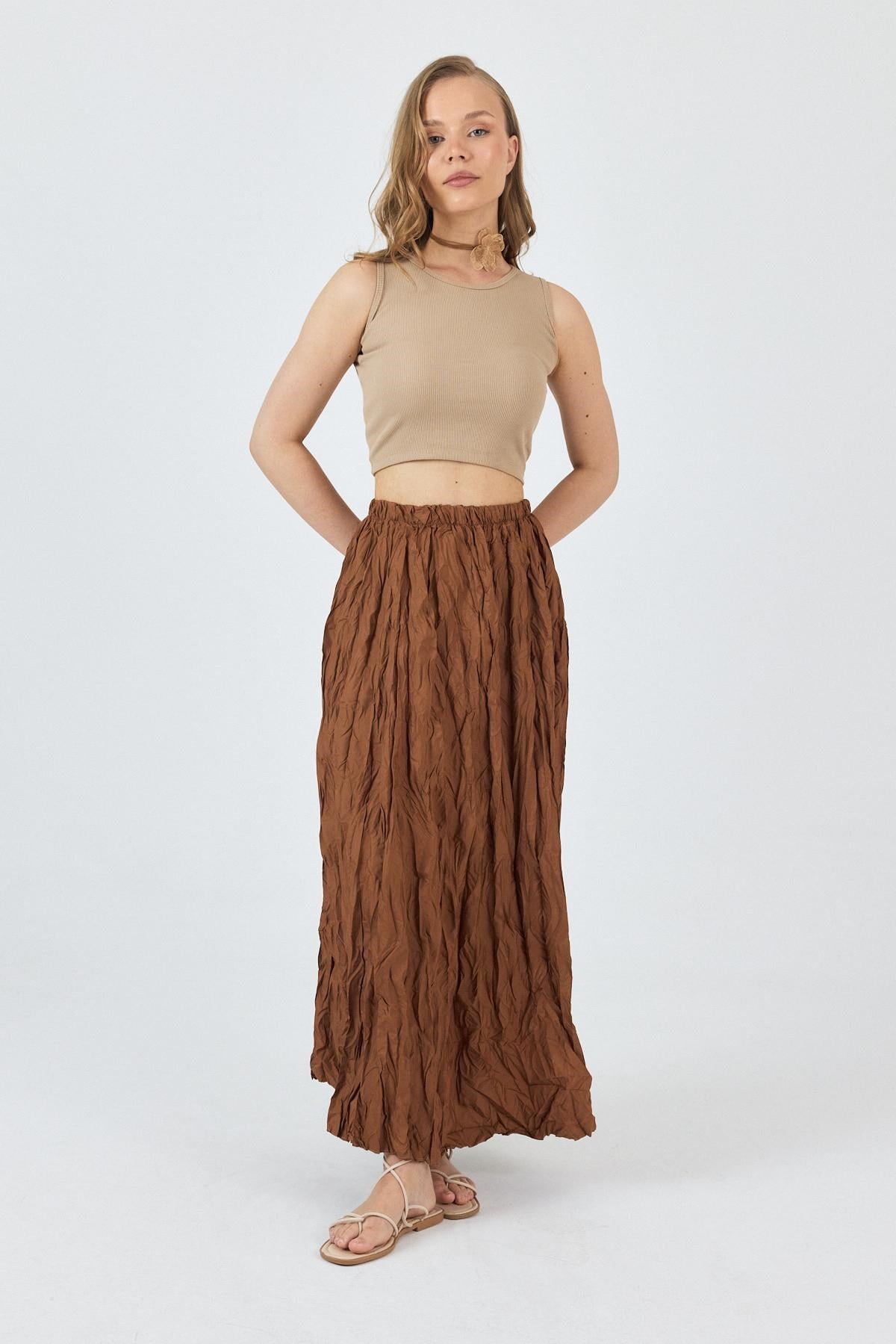 Taba Bel Lastikli Kırışık Kumaş Etek 3483