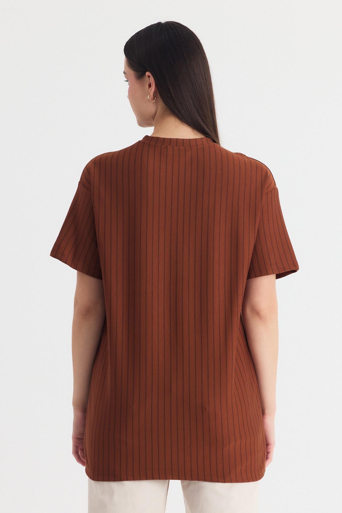 Taba Çizgili Oversize Tişört 4447A