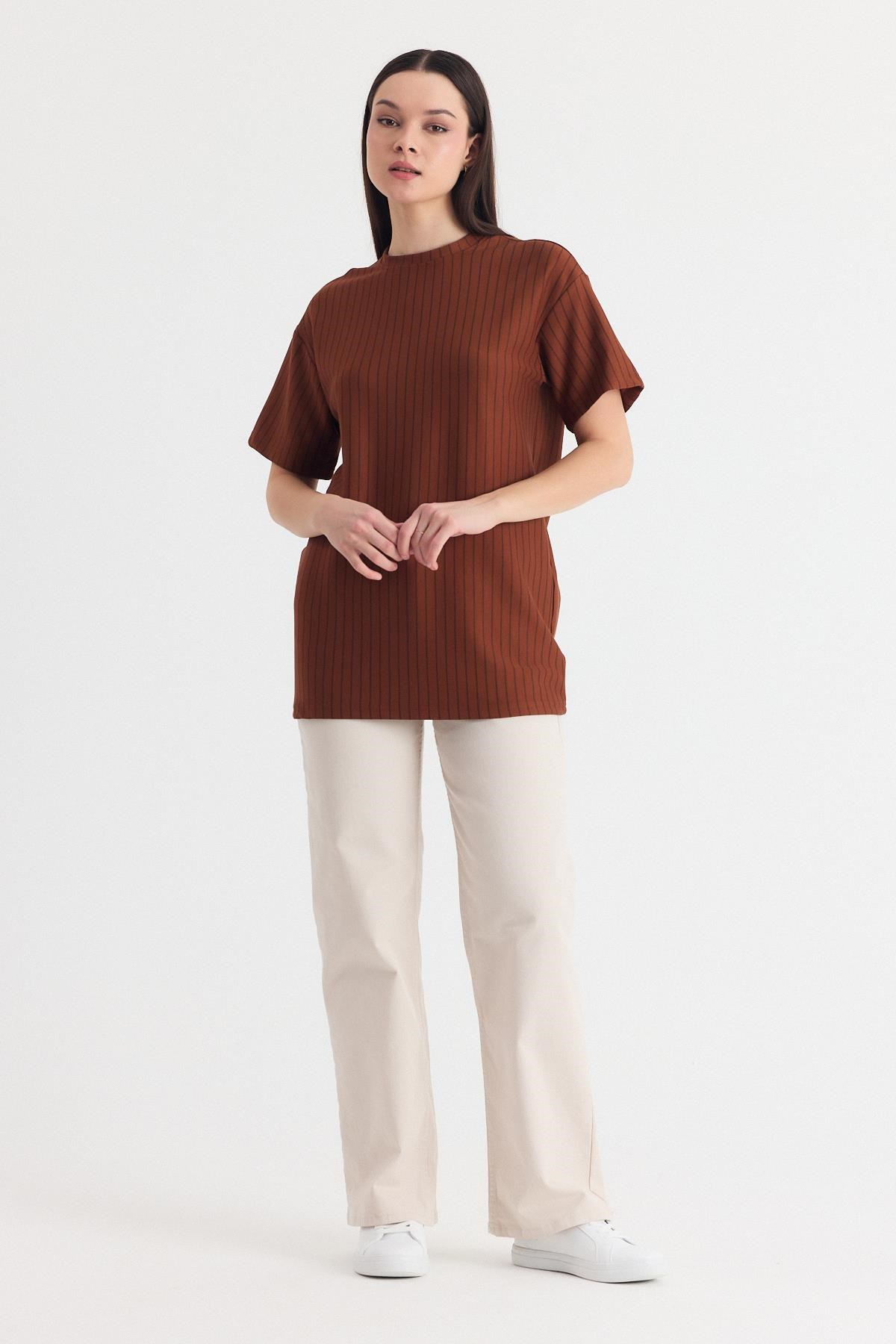 Taba Çizgili Oversize Tişört 4447A
