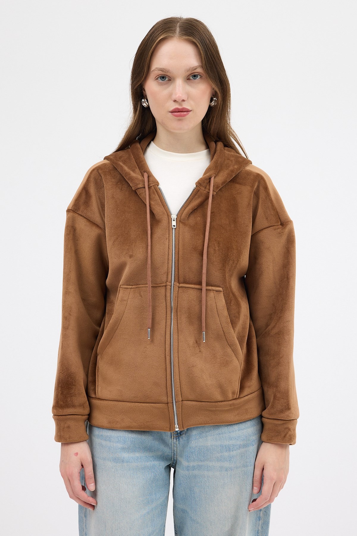 Taba Kadın Fermuarlı Kapüşonlu Sweatshirt 3059A