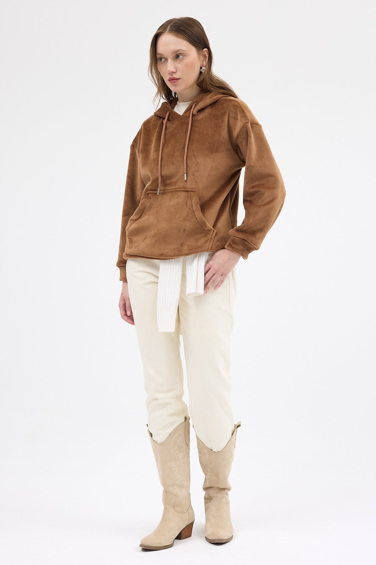 Taba Kadın Peluş Kanguru Cepli Kapüşonlu Sweatshirt 3061A