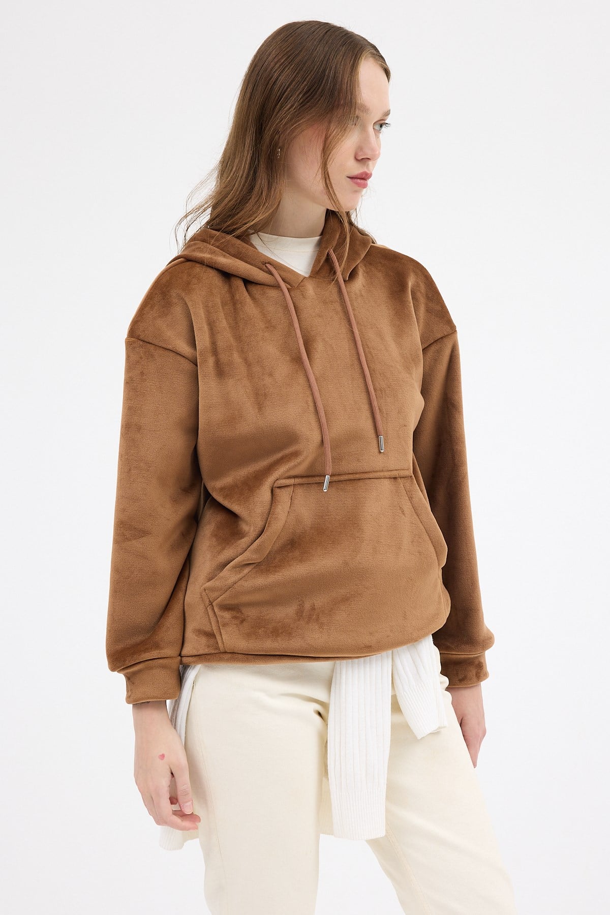Taba Kadın Peluş Kanguru Cepli Kapüşonlu Sweatshirt 3061A