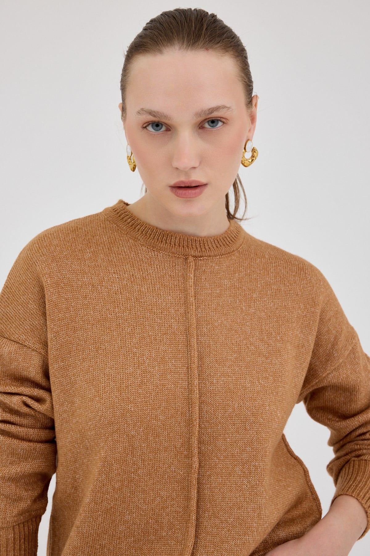 Taba Oversize Bisiklet Yaka Kadın Kazak 2345