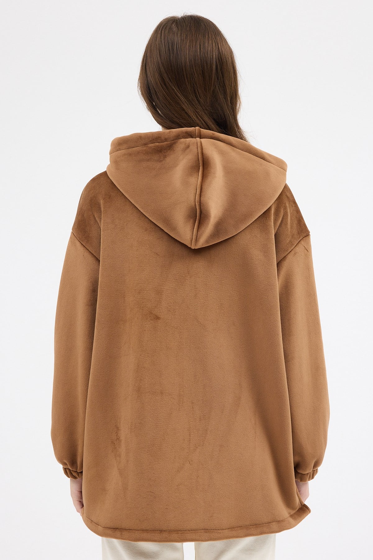 Taba Peluş Fermuarlı Kapüşonlu Kadın Sweatshirt 3057A