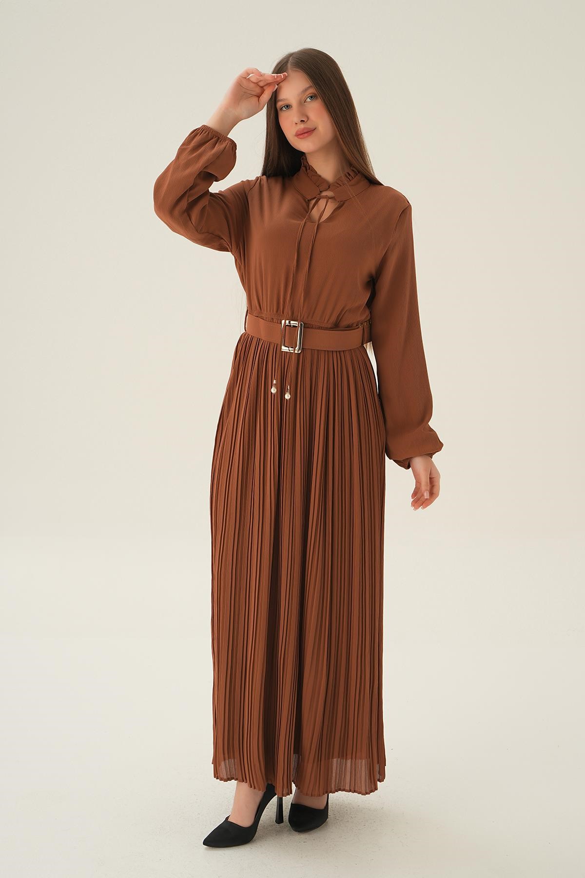 Taba Pliseli Uzun Elbise 2641