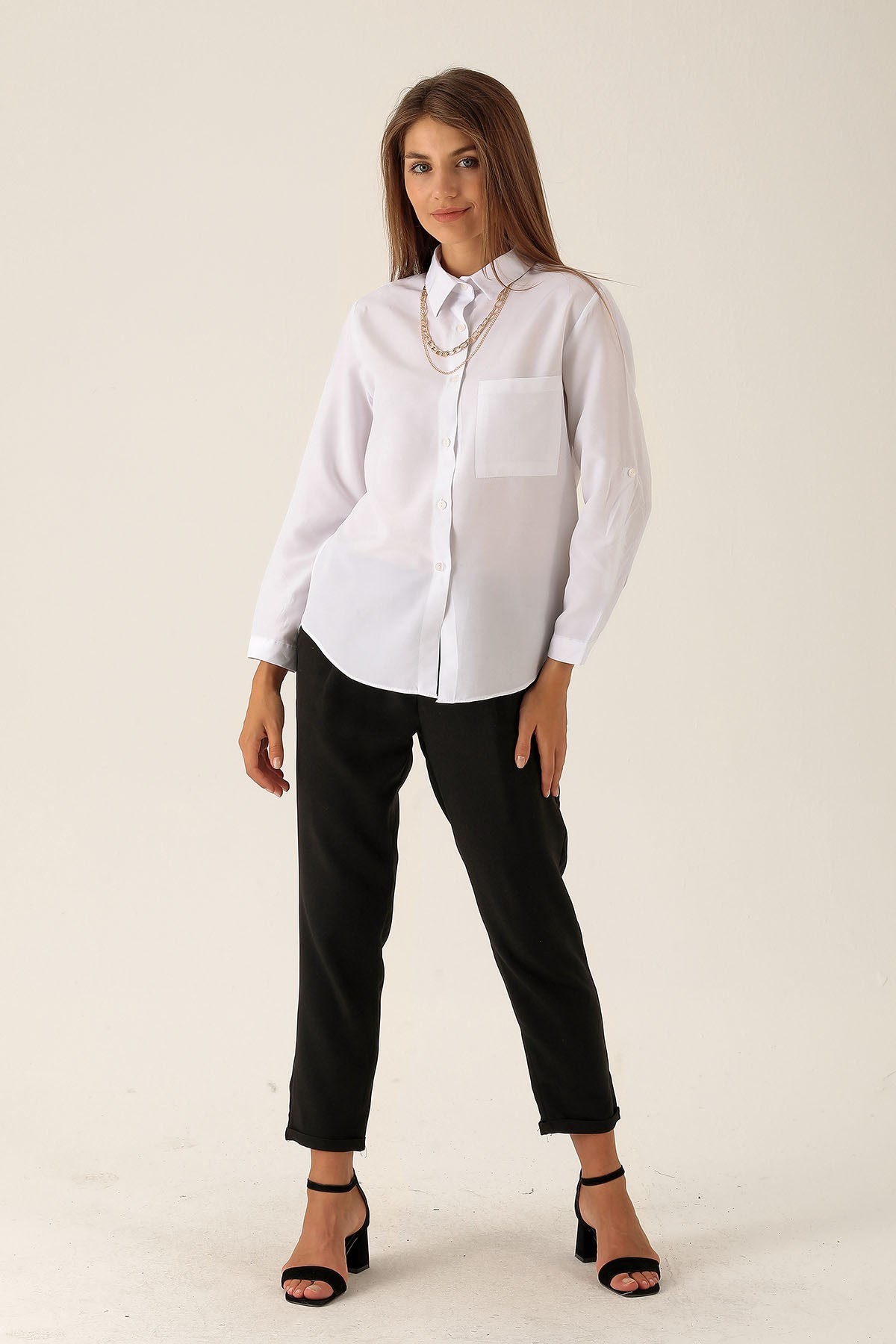 Tek Cepli Kolyeli Bayan Gömlek - 6785A Beyaz