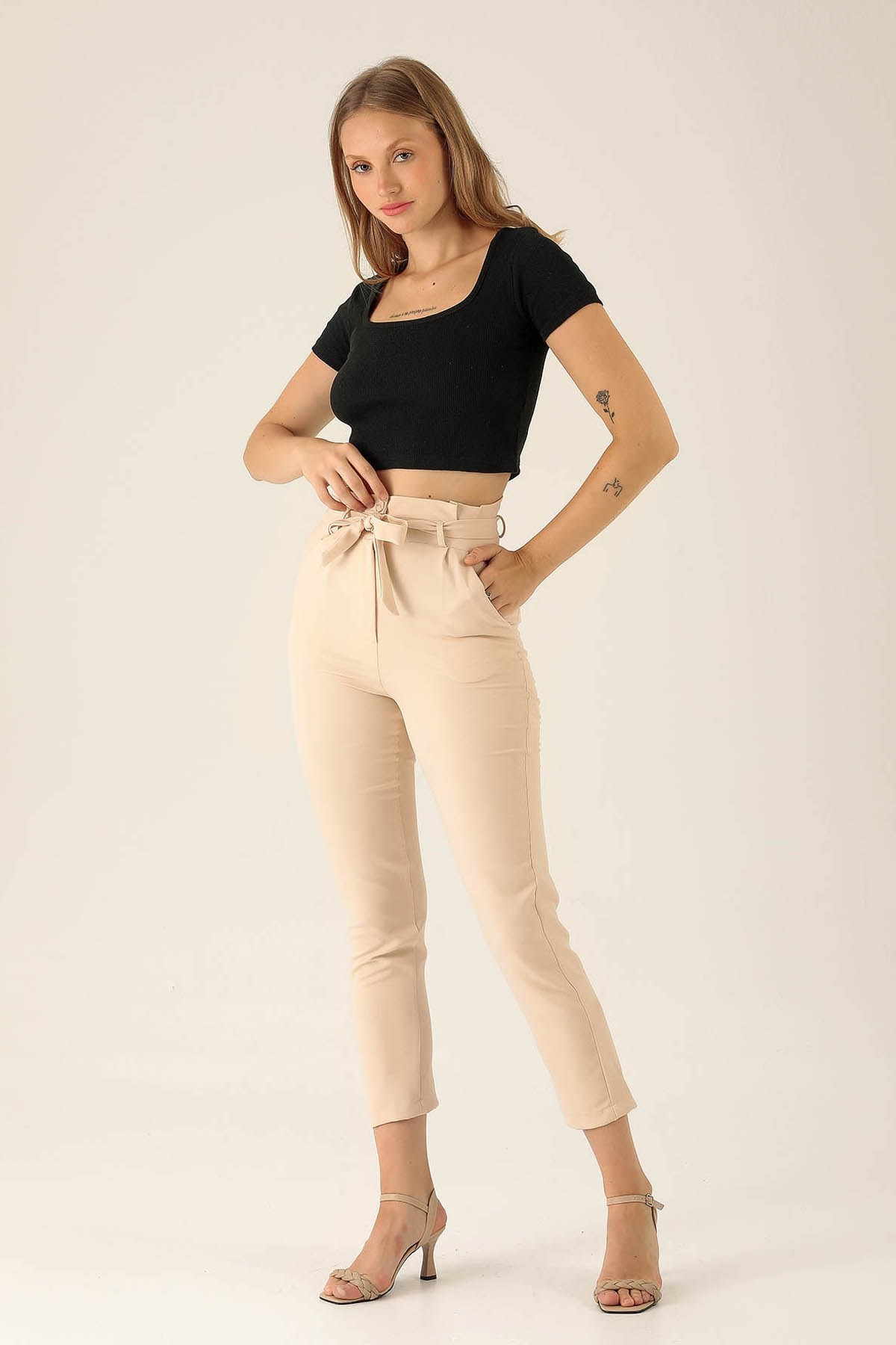 Tek Pile Yarım Lastik Bayan Pantolon - 6266A Taş